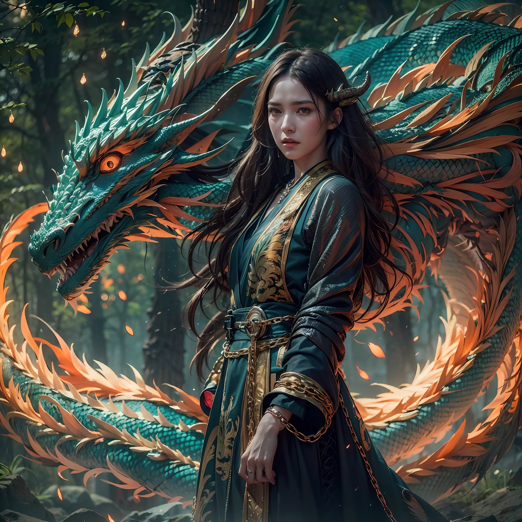 A beautiful girl with a rainbow dragon, ((girl wearing a long robe)), (wearing chain mail: 1.4), (long cloth pants: 1.2), (chain mail with dragon scale patterns), perfect facial features, delicate face, long hair, graceful, wisdom, courage, rainbow dragon, scales, horns, flames, wings, dragon claws, dragon protecting the girl, background for ancient forest, mysterious connection, protection, trust, realistic quality, realism, 8k, best quality, masterpiece, cinematic quality, high chiaroscuro, octane rendering