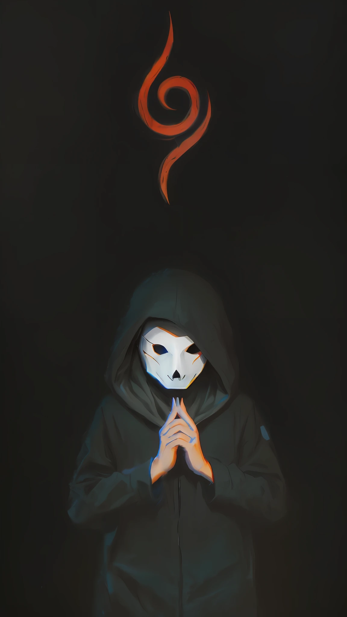 There is a hooded person standing in front of a black background, WMASK, mascarado, Estilo Arte Escura, dark illustration, estilo de arte sinistro e sombrio, O Deus das Trevas dos Gatos, sem rostos, foto de perfil 1024px qualidade superior, Artista