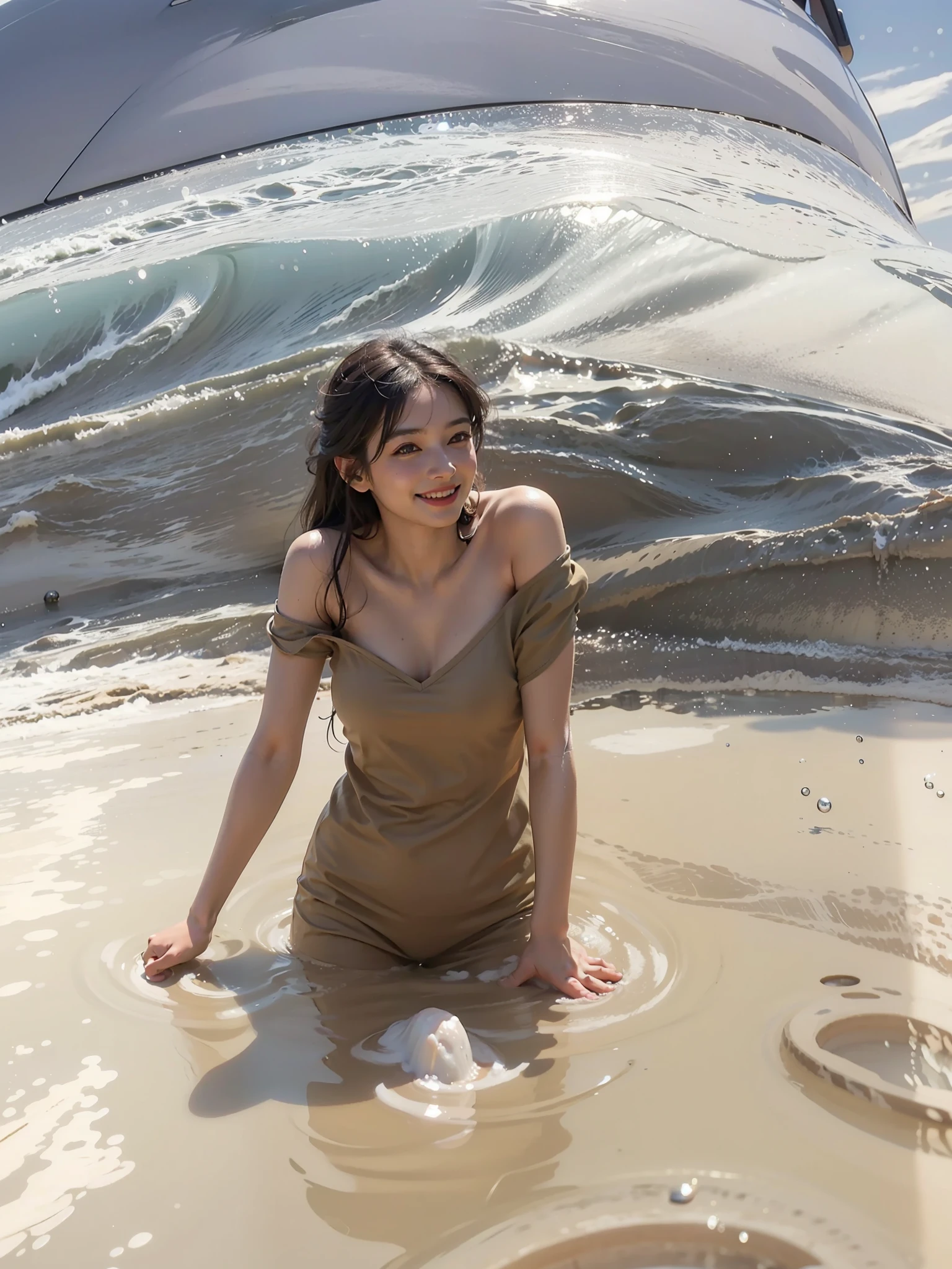 best quality, masterpiece, ultra high res, photorealistic, 1girl, offshoulder, smile