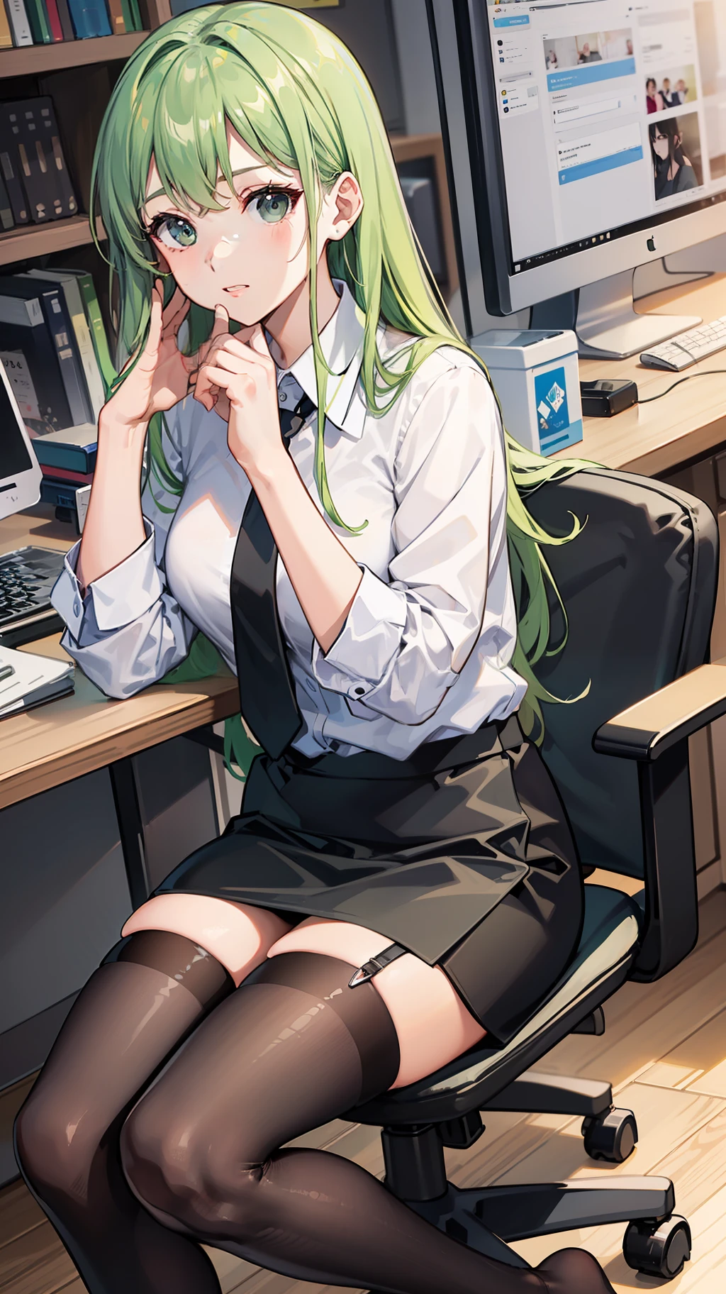 green long hair，White slim fit shirt，black short skirt，black lence stockings，without wearing shoes，sitting on office chair，Hold your cheek with one hand，looking at viewert