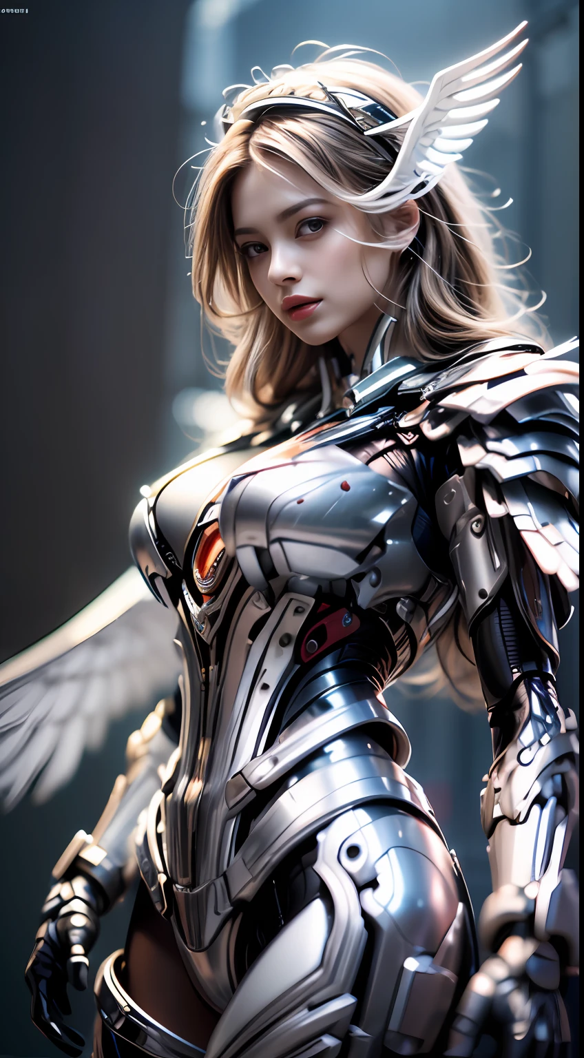 Beautiful woman in white winged mech,(Best quality, Detailed details, Masterpiece, , 4K, Chiaroscuro,The photos are super realistic and realistic, Highly detailed Canon videography )