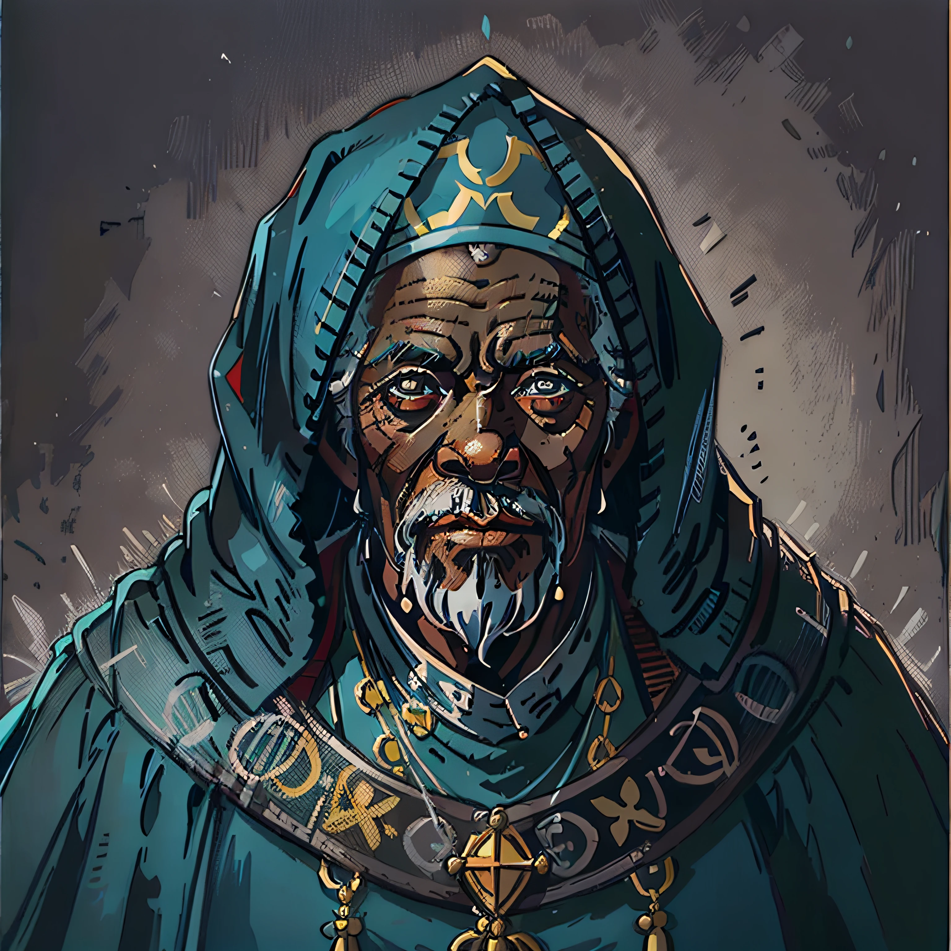 An elderly black African man, a venerable priest, wearing blue robes, with a friendly gaze. RPG character portrait, medieval fantasy.