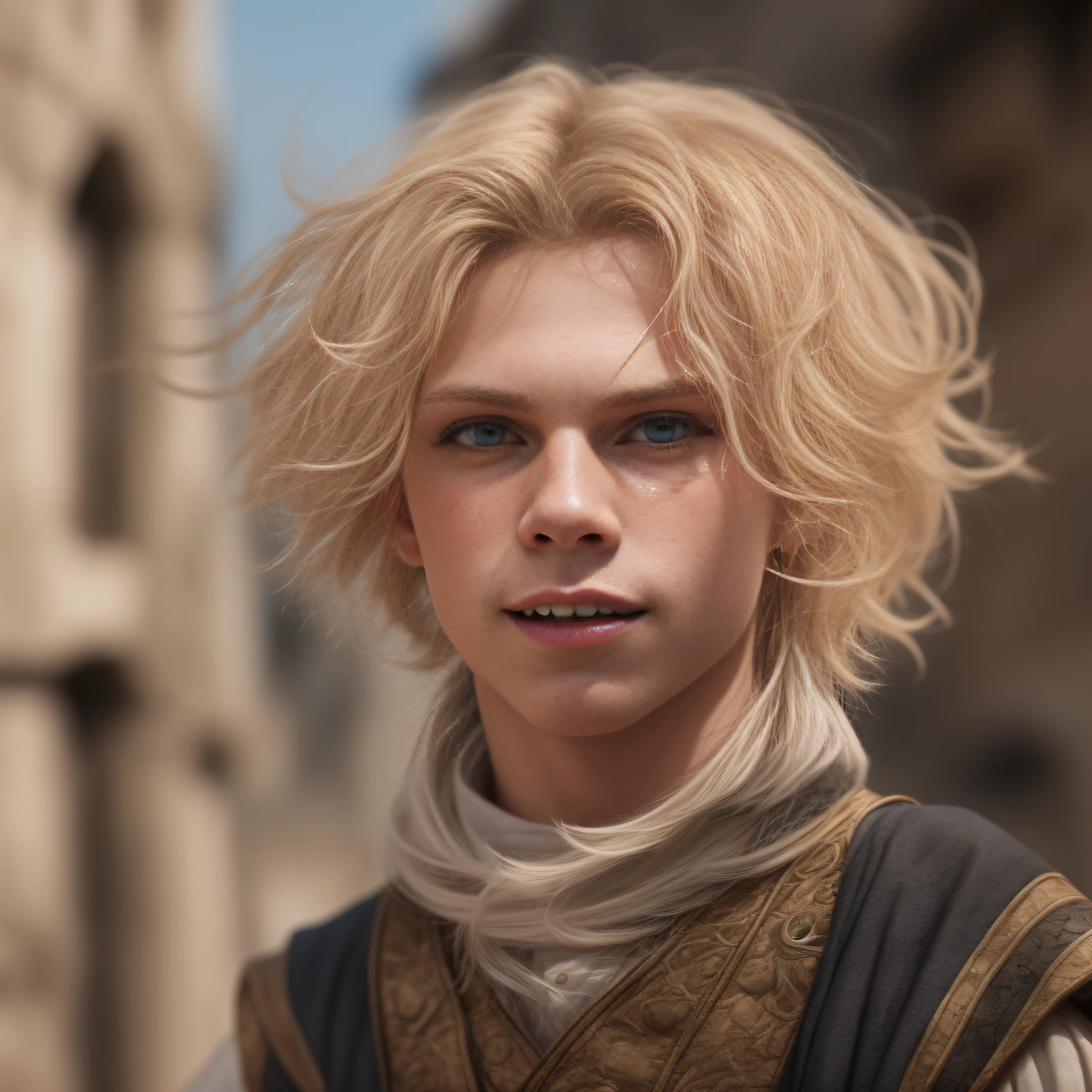 cinematic, photo, head and shoulder portrait photo, 1boyman, solo,  medieval fantasy boy acrobat, ashen blonde hair, eye-length, medieval fantasy acrobat nice clothes, weird, odd, soft features, slightly crazy, troublemaker, intelligent look, crazy smile, one rotten front tooth, in a big medieval city, Canon EOS 5D Mark IV, historical, fantasy, hyper detailed, accurate textures, realistic, skin pores