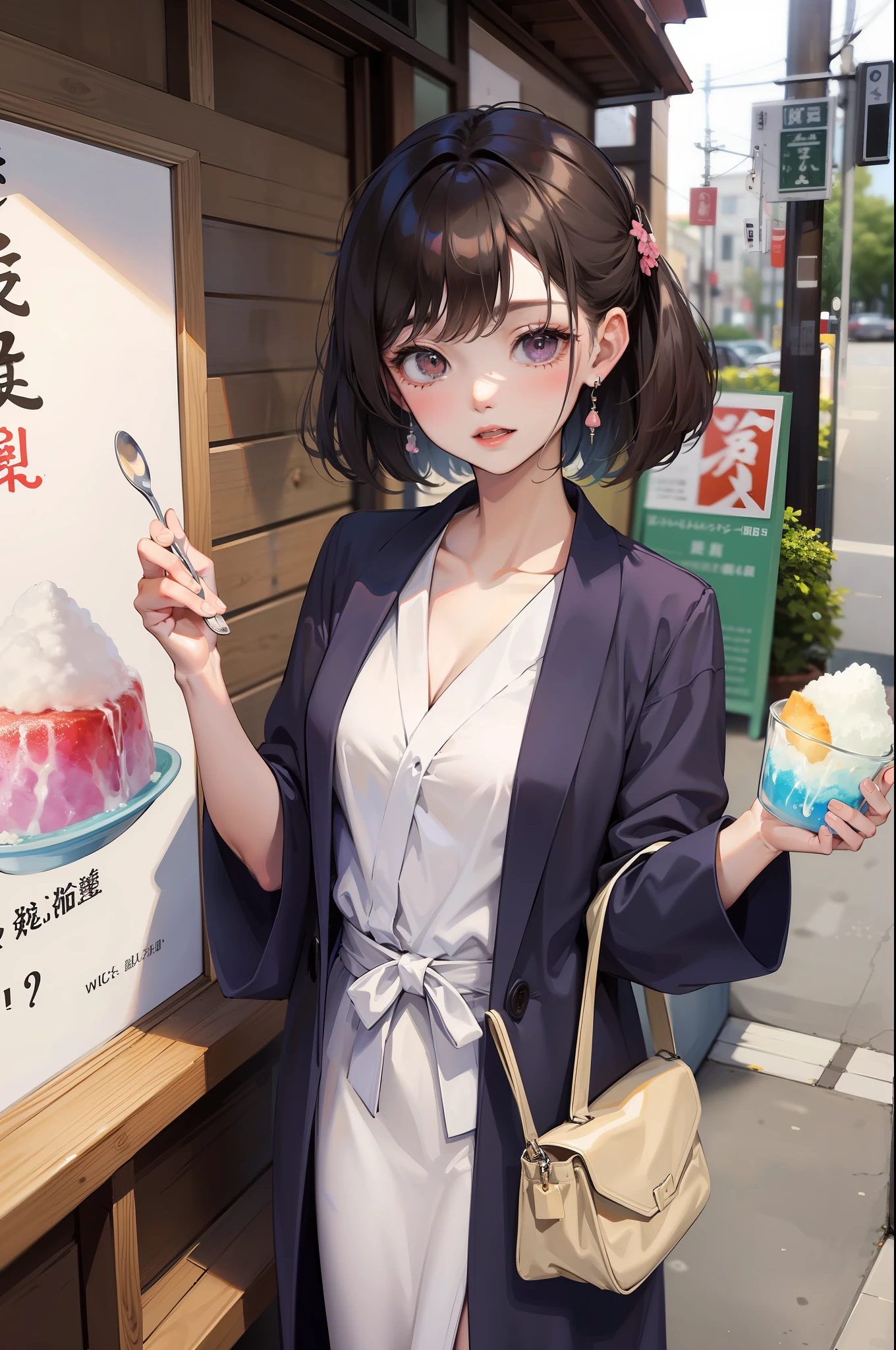 bathrobe、omatsuri、Hold the shaved ice in your hand and chew a spoon、