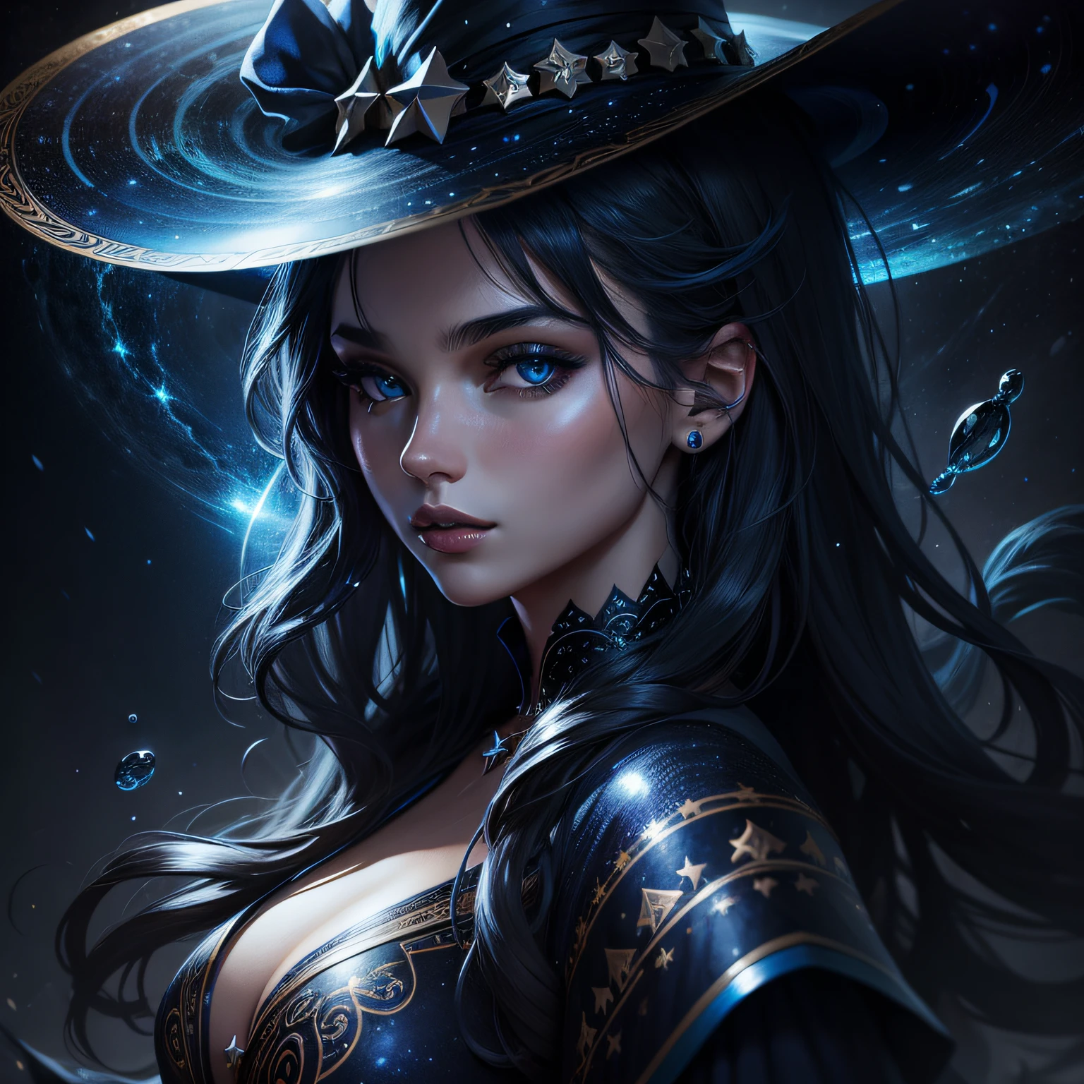 high quality, stary night blue black beautiful magical woman, magic hat, splash arts, aesthetic for Tshirt design, highly detailed, darktone