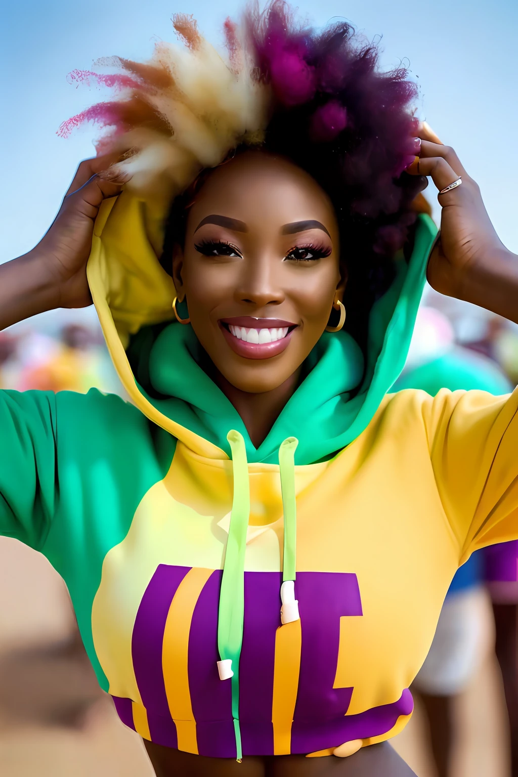 beautiful africana college woman, wearing hoodie, looking at viewer, holi color festival, portrait, hyper detailed  POV, by lee jeffries, nikon d850, film stock photograph ,4 kodak portra 400 ,camera f1.6 lens ,rich colors ,hyper realistic ,lifelike texture, dramatic lighting , cinestill 800, sexy;