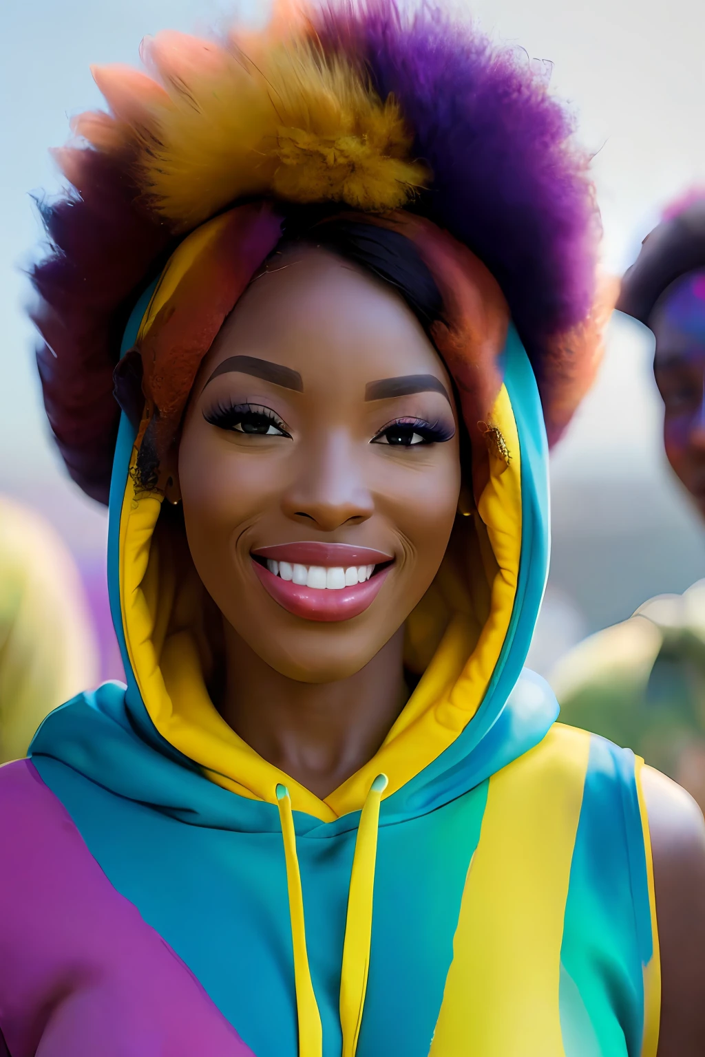 beautiful africana college woman, wearing hoodie, looking at viewer, holi color festival, portrait, hyper detailed  POV, by lee jeffries, nikon d850, film stock photograph ,4 kodak portra 400 ,camera f1.6 lens ,rich colors ,hyper realistic ,lifelike texture, dramatic lighting , cinestill 800, sexy;