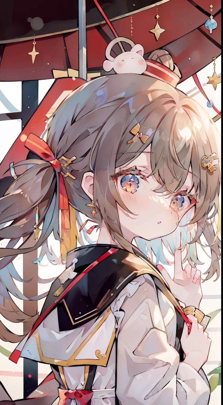 One girl、Brown hair、One knot、Red ribbon on head、cute little、masterpiece、Top image quality、top-quality、Ribbon background、onepiece