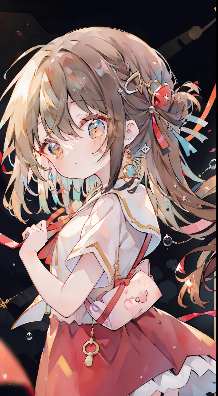 One girl、Brown hair、One knot、Red ribbon on head、cute little、masterpiece、Top image quality、top-quality、Ribbon background、onepiece