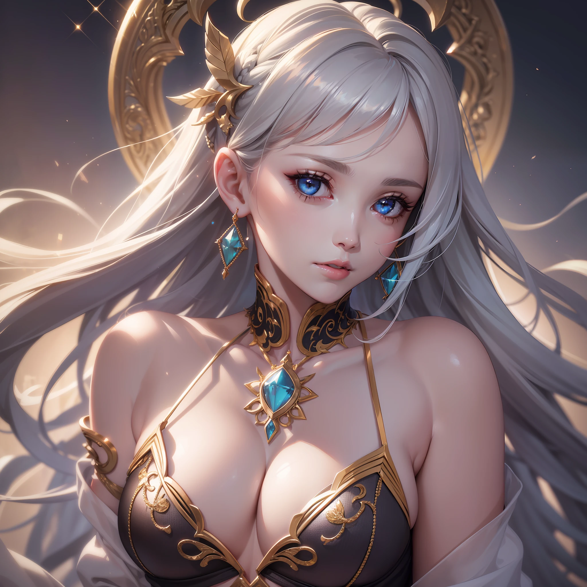 best quality, masterpiece, high res, realistic, photographic,(exquisite body:1.2),gorgeous face,(milky skin:1.3),intricate details, high resolution, high detail RAW color photo, wallpaper, 1girl, grey hair, lingerie, hair ornament, solo, breasts, bare shoulders, crystal, jewelry, looking to the side, asymmetrical sleeves, clothing cutout, shiny hair, hair rings, floating, spotlight, alternate costume, sparkle ,(VSCO A7:1.5),16K,HDR,highres,depth field,(film grain:1.1), boken, ISO 200,golden hour,(lens flare),vignette, rainbowing,(color grading:1.5), sexy posture,