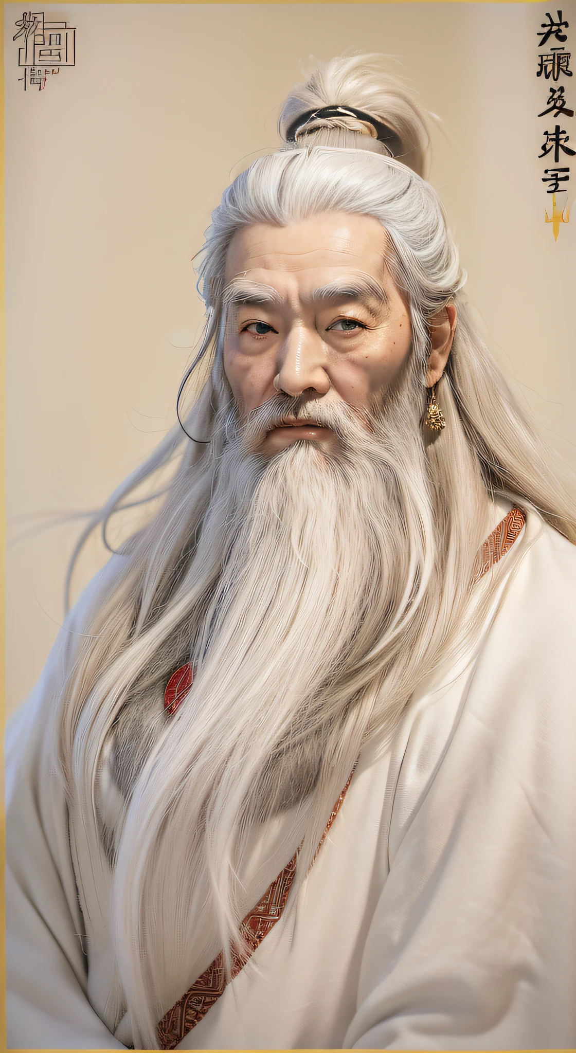 Alphad man with long hair and white beard, Long white beard, Long white hair and white beard, detailed white long hair, Inspired by Hu Zaobin, white long beard, inspired by Li Cheng, inspired by Wu Daozi, White beard, very long white beard and hair, White hair and white beard, inspired by Dong Yuan