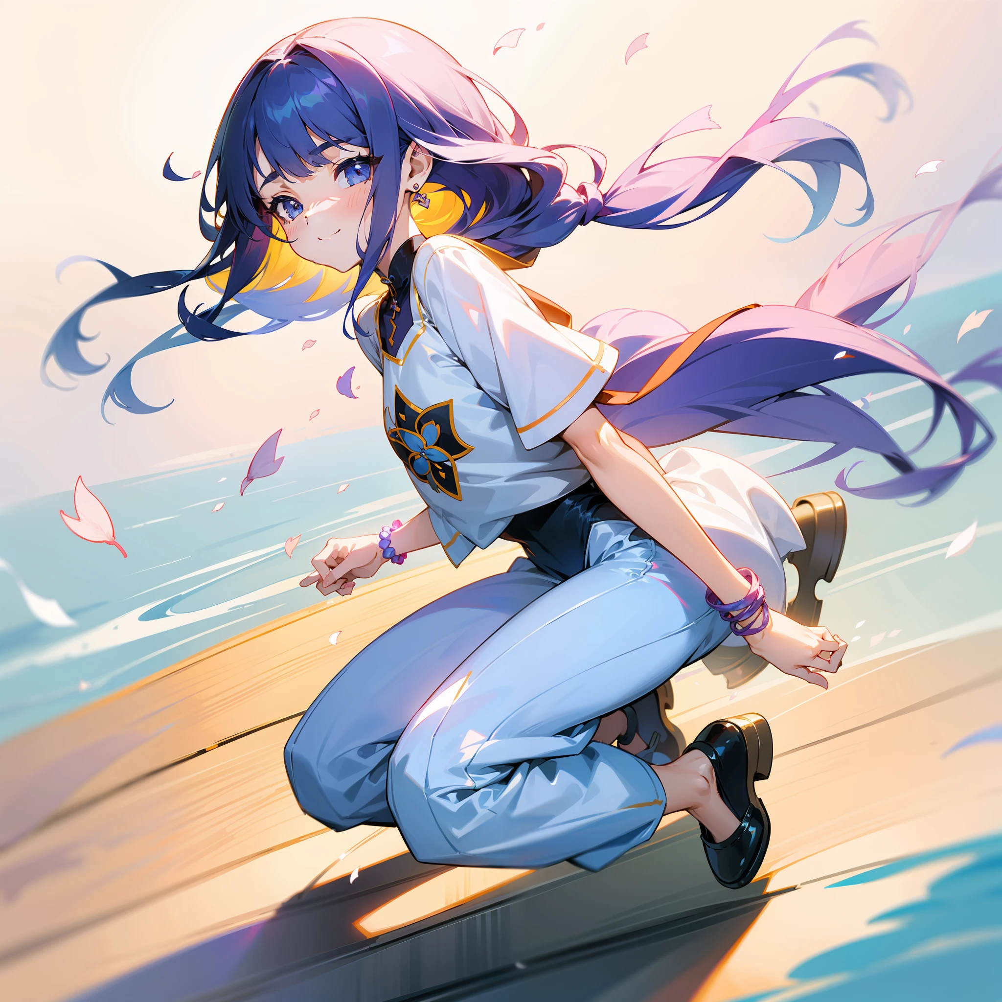 (Extreme Detail CG Unity 8K Wallpapers,tmasterpiece,Highest image quality),(Delicate light and shadow,The picture is highly dramatic,Cinematic lens effect),The familiar tsundere childhood sweetheart next door、She has a beautiful and delicate face,Good looks,Delicate facial features。Big eyes of the water spirit、long eyebrow、Long colored hair、with fair and smooth skin、Healthy and youthful tone、Sweet smiling、Wear a comfortable shirt、Knitwear or T-shirts,Wear yours with jeans、Short skirts or long pants、Clothing colors favor soft and warm colors,For example, Light pink、pale-blue、Beige, etc,Wear small, delicate accessories,For example, Thin chain necklace、Small earrings or simple bracelets,Wear comfortable and stylish shoes,Love flat shoes、Small white shoes、Falling chips with petals、a sense of atmosphere、中景 the scene is、full bodyesbian
