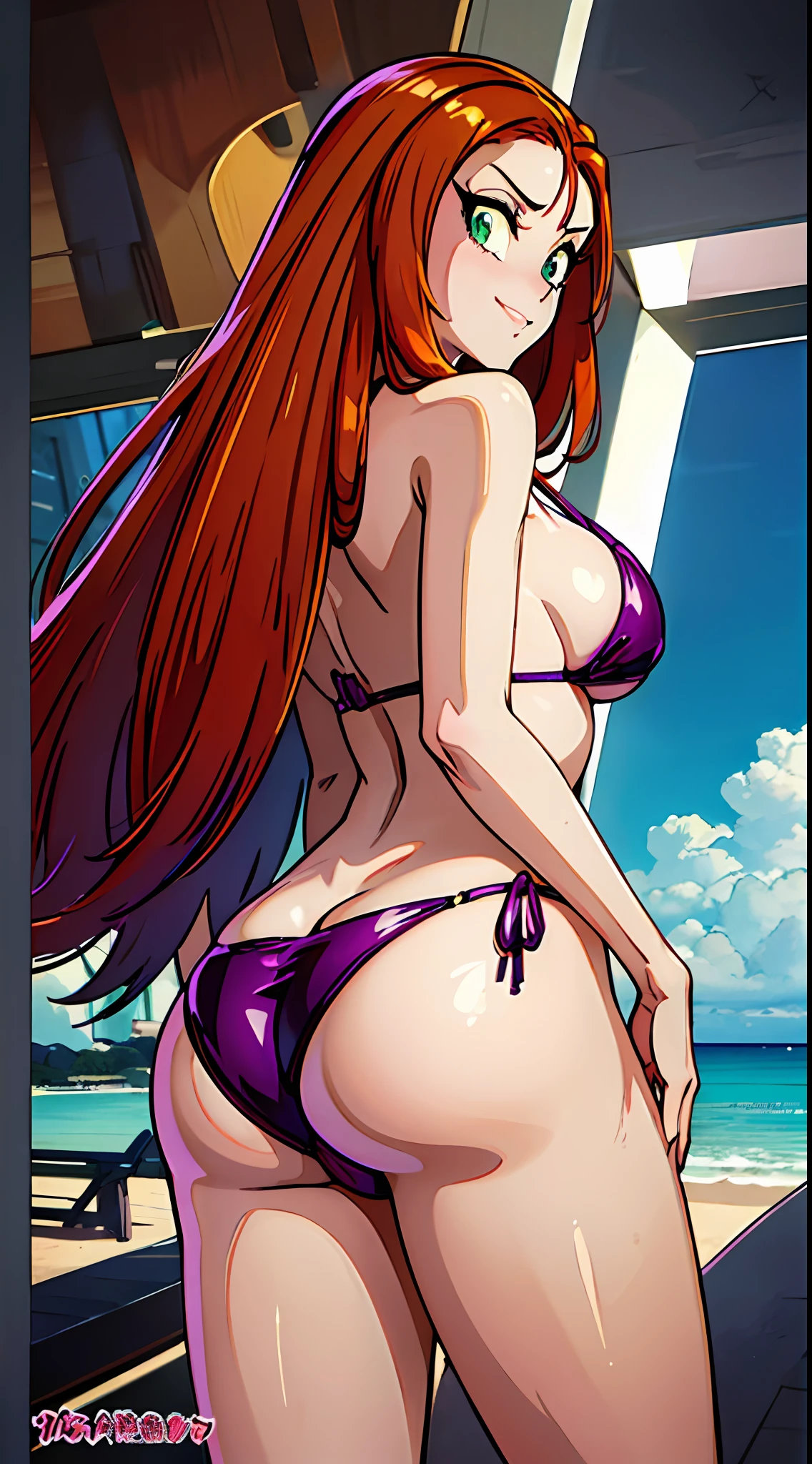 ((masterpiece)), ((best quality)), ultra detailed, detailed background, orange hair, Long Hair , green eyes, thin eyes, extreme large breast, long hair, highest details, sexy, focus, Alluring, long legs, hentai style, sensual smile, erotic, erotic body, sexually suggestive, hentai body, sensual pose, naughty face, aroused body,  ((on a paradisíac beach)), (tiny bikini), (Purple bikini), ((ahegao expression)),(( ass shot)), from behind