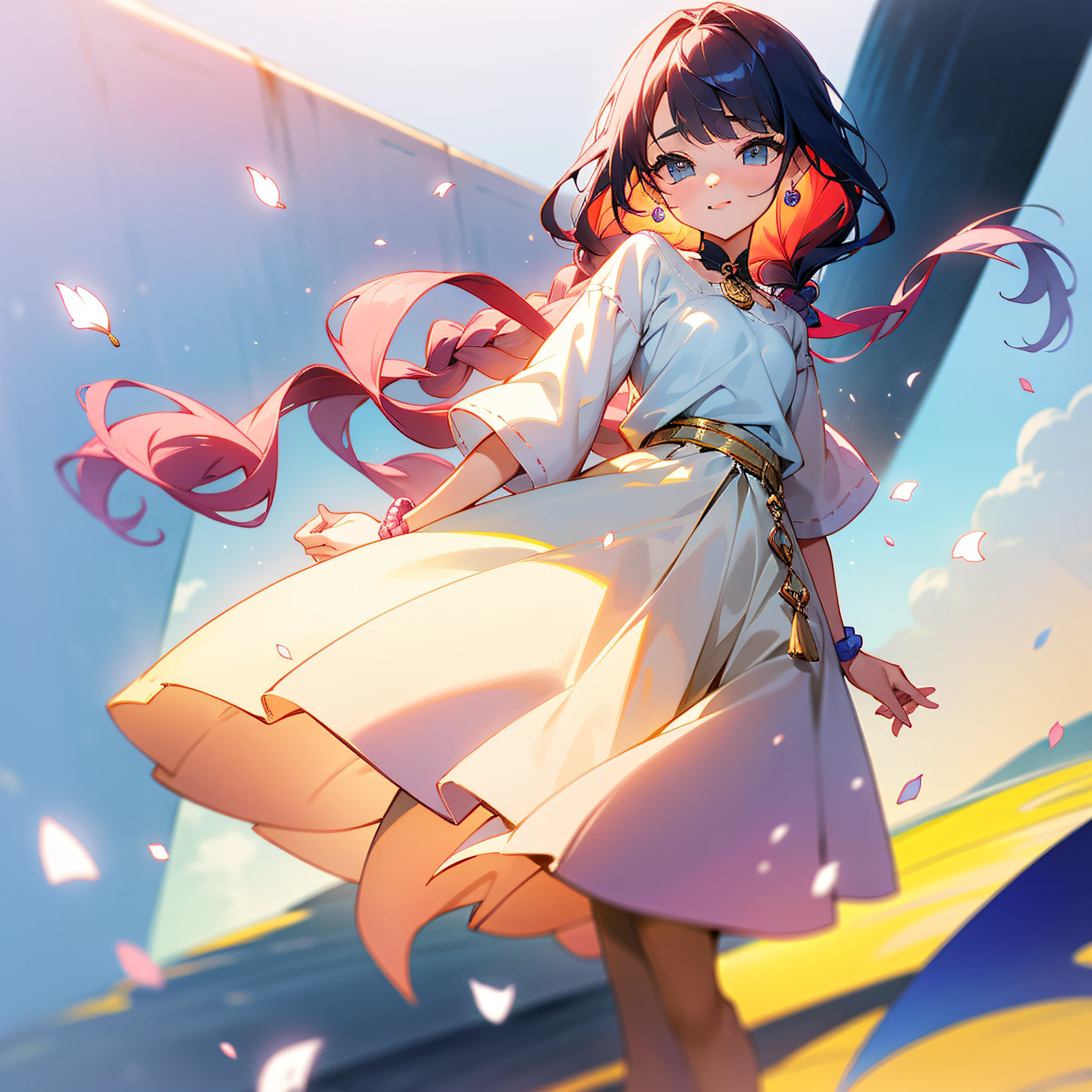 (Extreme Detail CG Unity 8K Wallpapers,tmasterpiece,Highest image quality),(Delicate light and shadow,The picture is highly dramatic,Cinematic lens effect),The familiar tsundere childhood sweetheart next door、She has a beautiful and delicate face,Good looks,Delicate facial features。Big eyes of the water spirit、long eyebrow、Long colored hair、with fair and smooth skin、Healthy and youthful tone、Sweet smiling、Wear a comfortable shirt、Knitwear or T-shirts,Wear yours with jeans、Short skirts or long pants、Clothing colors favor soft and warm colors,For example, Light pink、pale-blue、Beige, etc,Wear small, delicate accessories,For example, Thin chain necklace、Small earrings or simple bracelets,Wear comfortable and stylish shoes,Love flat shoes、Small white shoes、Falling chips with petals、a sense of atmosphere、中景 the scene is、full bodyesbian