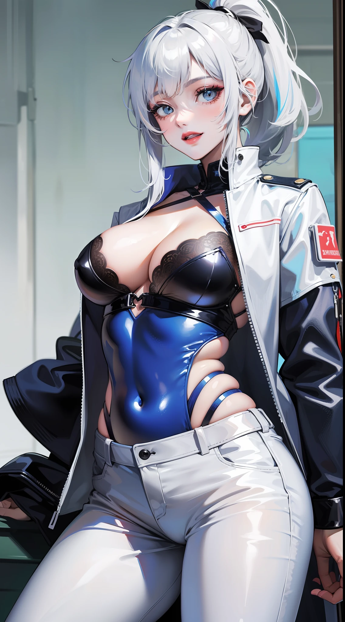Adult woman, short white hair, high ponytail, blue eye color, White luxury jacket, pants, open breasts, blue lipstick, ssmile, Masterpiece, hiquality