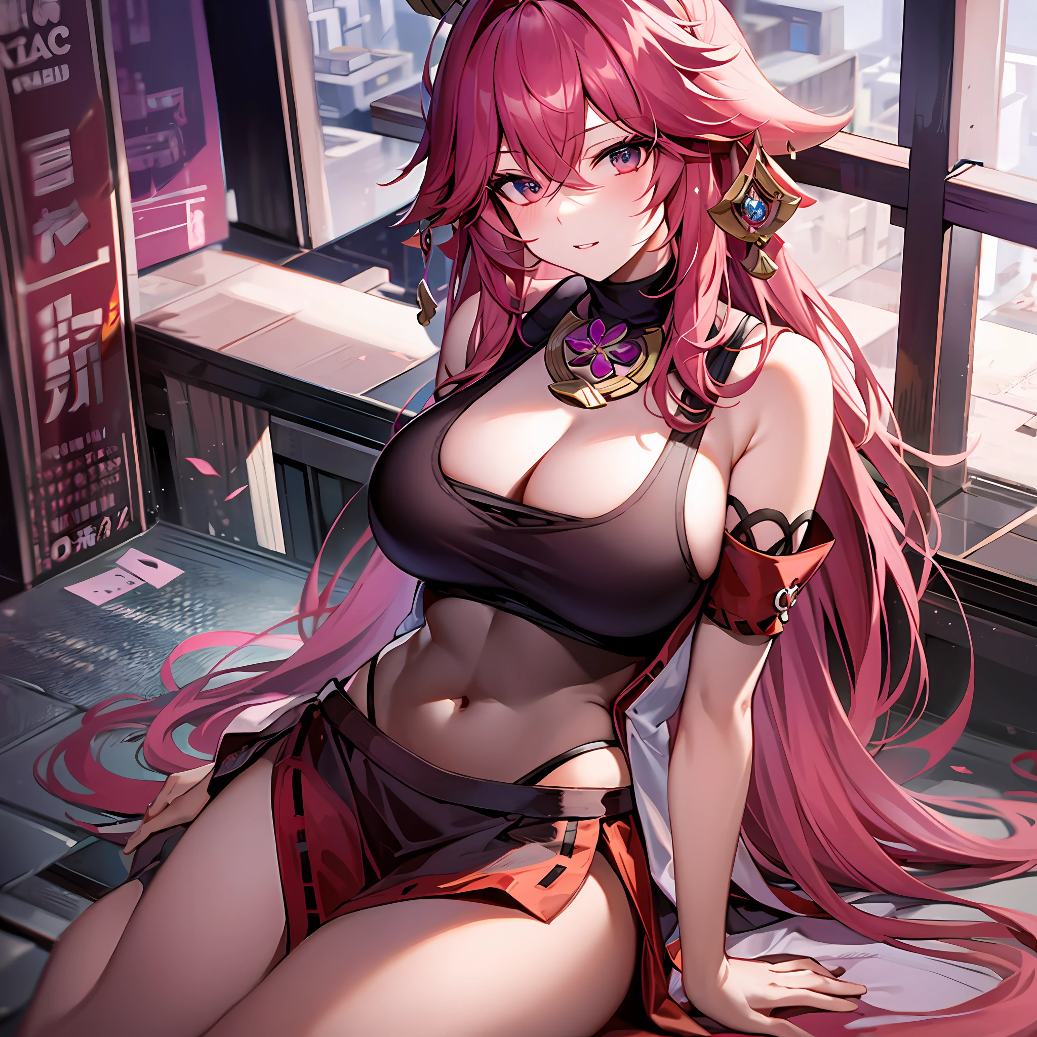 1yae miko, large breasts, underwear, in, cleavage, navel, t-shirts, (brachial), skirt, lie, Body, sexy, sitting