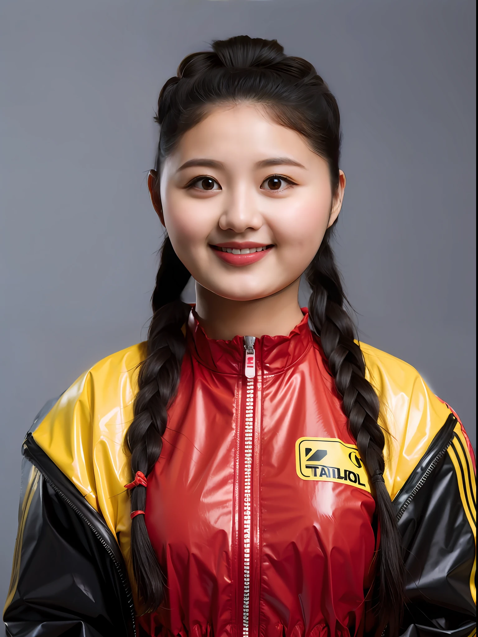 A Chinese female student，Wearing PVC yellow tracksuit，There are zippers，，Twist braids