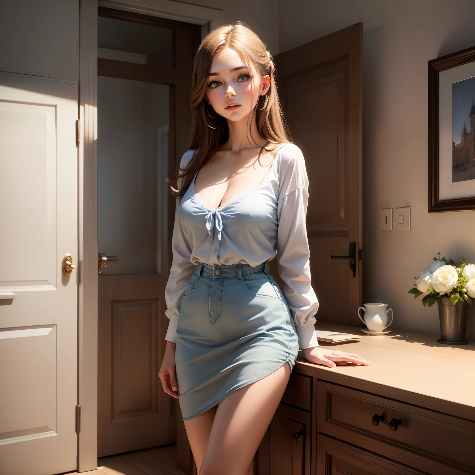 best qualtiy, Full body like,Refined face,Young woman,,Smaller bust,interior scenes,stooped,Blue sky