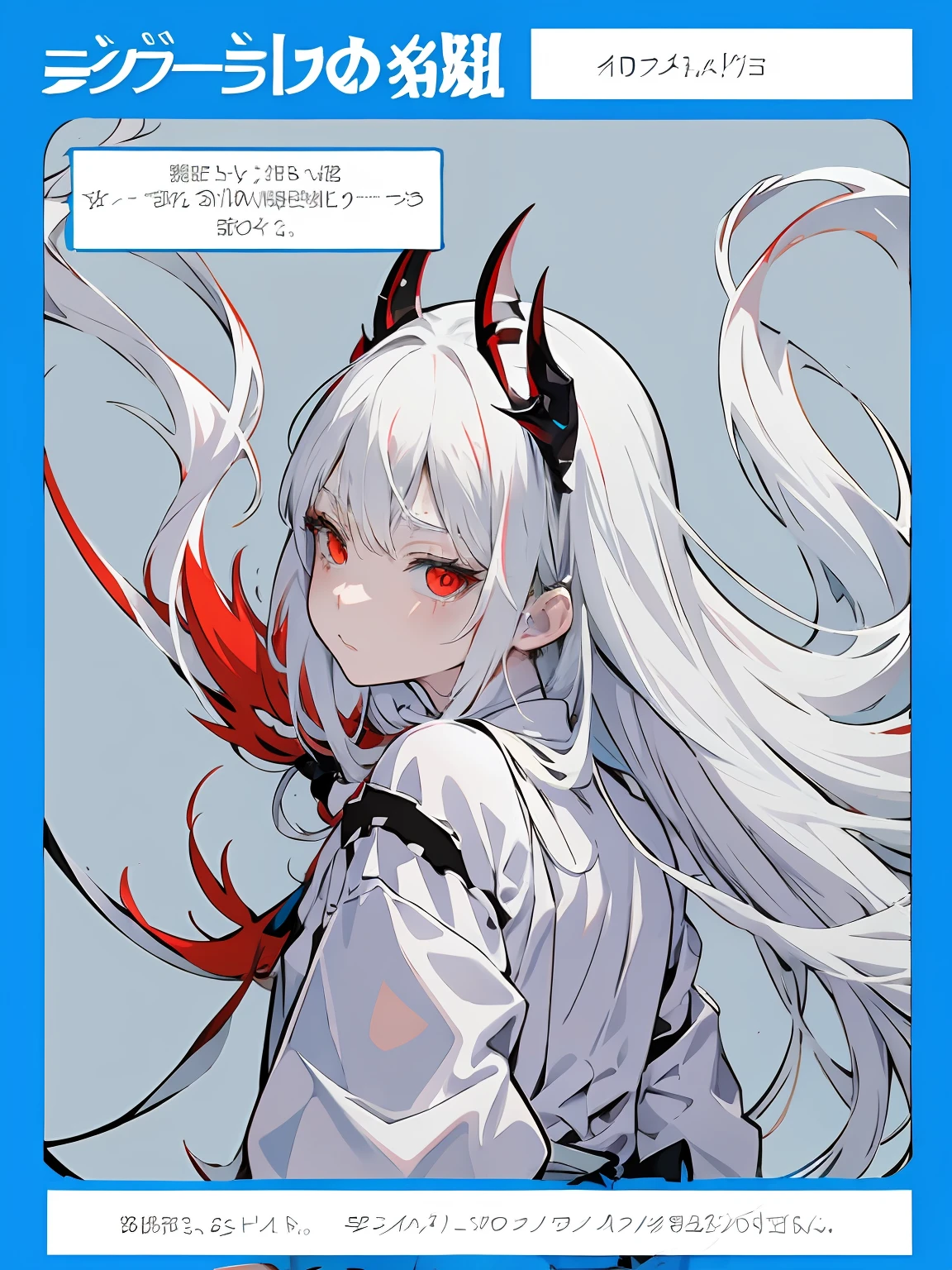 Anime character with long blonde hair and red eyes isolated on blue background, white haired god, Clean lineart and colors, manga cover style, cover manga, tower of god, demon anime girl, handsome japanese demon boy, pixiv, anime monster girl, by Puru, Pixiv Contest Winner, Zero Two, featured on pixiv, Top Rated on pixiv