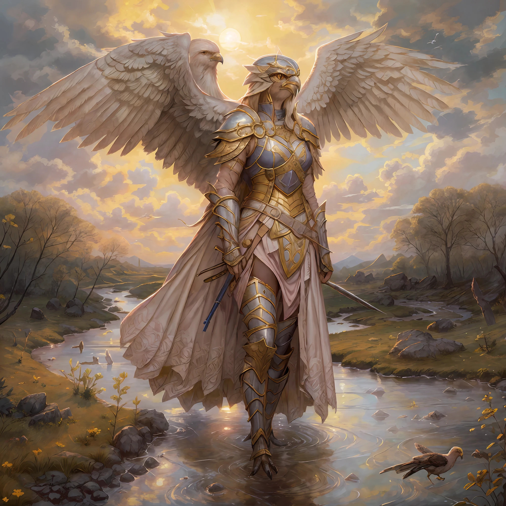 masterpiece, best quality, (solo), painting of Aven a Silvery Pink bird woman wearing armor, medieval setting, in a stream, detailed yellow sky, beautiful setting sun, dawn, layers of dark clouds, flying, flying over a tundra, Aerial View, dynamic