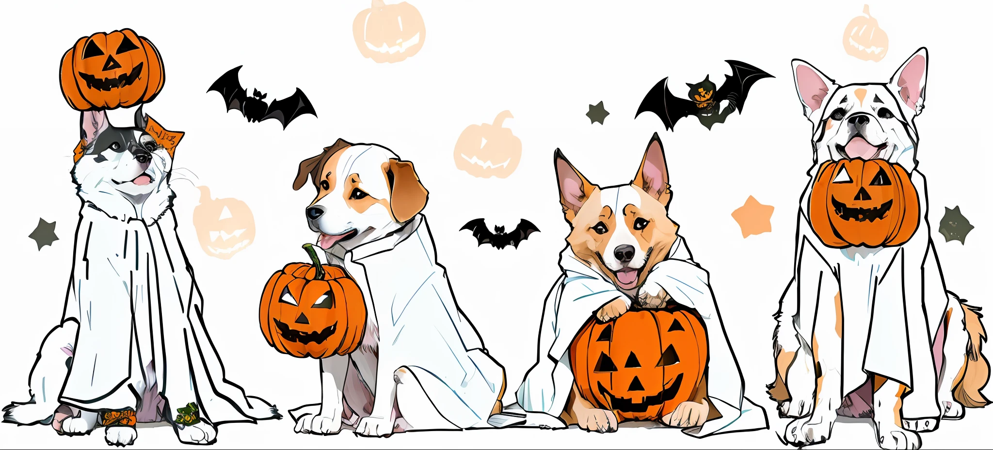 Three dogs in Halloween costumes，Pumpkins and bats, halloween wallpaper with ghosts, Halloween, Trick or Treat, in a halloween style, halloween art style, Spooky, halloween theme, halloween night, october, Dogs, Two dogs, Costume, author：Toshiei Nishida, halloween celebration, author：Gigadō Ashiyuki, author：Maximilian Vanka