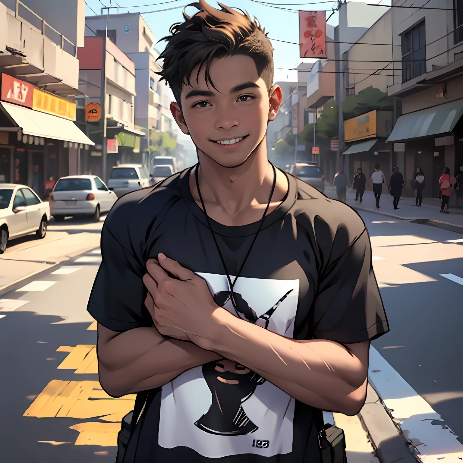 camiseta color negro con dorado camiseta ajustada al cuertpo ultra realista, 16-year-old boy with brown cinnamon skin, cuerpo atletico tonificado cabello liso,masculino serio pensativo observador tiene el dorso desnudo camiseta negra ajustada al cuerpo sin estampado ni dibujos caminando, sonriendo por las calles de una moderna ciudad un amigo cernaco se acerca por atras y lo abraza