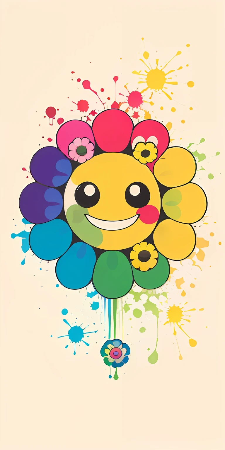 There is a colorful flower on it,There is a smiley face on it, Portrait happy color, smiles and colors, inspired by Takashi Murakami, Inspired by Murakami, happy color, happy color, inspired by Kagaku Murakami, takashi murakami art style, Floral Pop Art, happy color, rainbow gradient bloom, Gold, black and rainbow