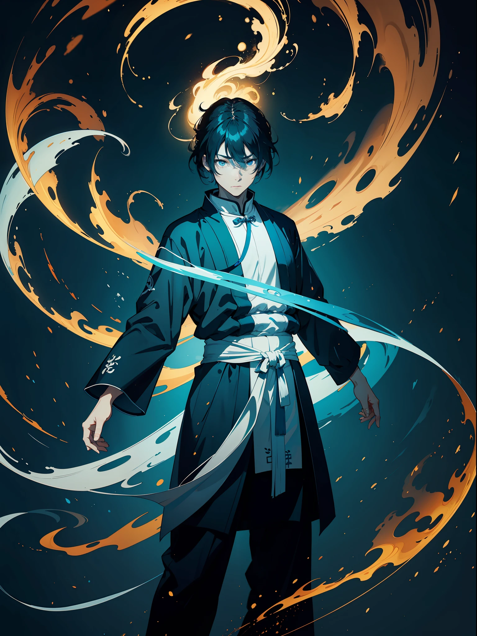 Complete storytelling, Full face, A Taoist priest who stands straight, Two fingers hold a piece of yellow paper，Draw Old Chinese words in the air, Form a spell, These words slowly dissipated in the air, A puff of white smoke is formed, Transformed into a tall golden martial arts divine shadow, Appeared behind the Taoist priest, Who turned his back to the shadow of the entire sky above him，Who dominated him, Angry, Overall cool tones, White, Blue, Create chiaroscuro, Traditional Chinese style, Ethnic feng ink painting, in wonderland, Graphical nature, Bian light highlights Taoist priests, Full-body image, long perspective, First-person perspective, high resolution, Virtual Engine,  Realism, High detail, 8K