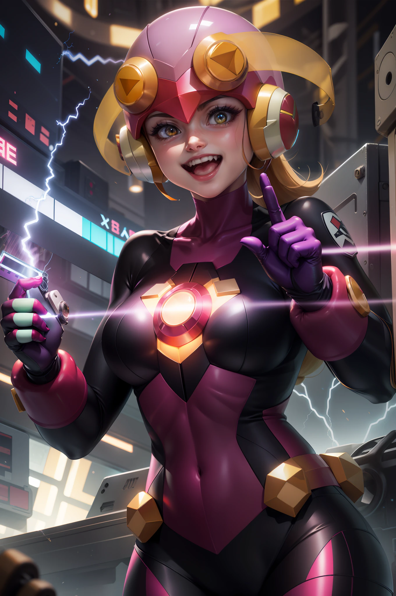 masutepiece,Best Quality,1girl in,roll_...exe_megamanbn,(helmets),Blonde hair,Long hair,Leotard,Pink eyes,Purple bodysuit,body suit,Eyes without light,moderate breast bulge,Thin laughter,nails with sharp fingertips,Tied to a machine,glowing circuit background,Black lightning strike