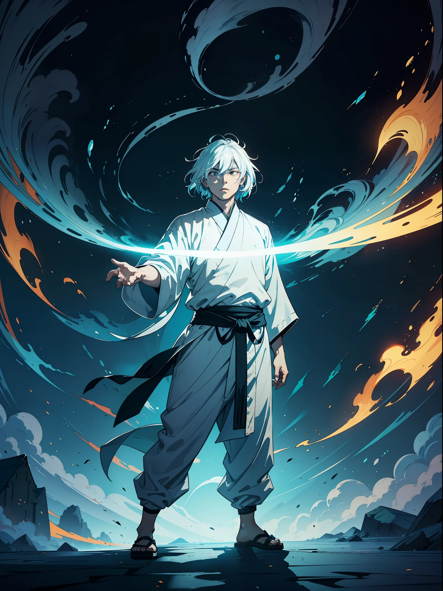 Complete storytelling, Full face, A Taoist priest who stands straight, Two fingers hold a piece of yellow paper,Draw Old Chinese words in the air, Form a spell, These words slowly dissipated in the air, A puff of white smoke is formed, Transformed into a tall golden martial arts divine shadow, Appeared behind the Taoist priest, Who turned his back to the shadow of the entire sky above him,Who dominated him, Angry, Overall cool tones, White, Blue, Create chiaroscuro, Traditional Chinese style, Ethnic feng ink painting, in wonderland, Graphical nature, Bian light highlights Taoist priests, Full-body image, long perspective, First-person perspective, high resolution, Virtual Engine, Realism, High detail, 8K