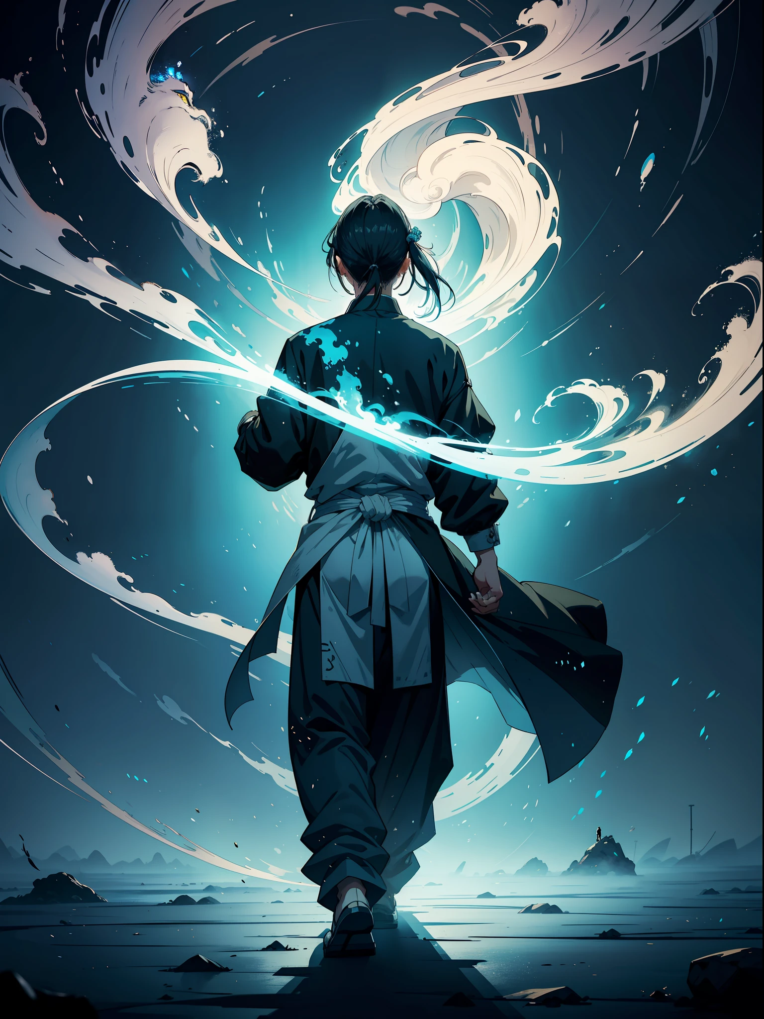 Complete storytelling, Full face, A Taoist priest who stands straight, Two fingers hold a piece of yellow paper，Draw Old Chinese words in the air, Form a spell, These words slowly dissipated in the air, A puff of white smoke is formed, Transformed into a tall golden martial arts divine shadow, Appeared behind the Taoist priest, Who turned his back to the shadow of the entire sky above him，Who dominated him, Angry, Overall cool tones, White, Blue, Create chiaroscuro, Traditional Chinese style, Ethnic feng ink painting, in wonderland, Graphical nature, Bian light highlights Taoist priests, Full-body image, long perspective, First-person perspective, high resolution, Virtual Engine,  Realism, High detail, 8K