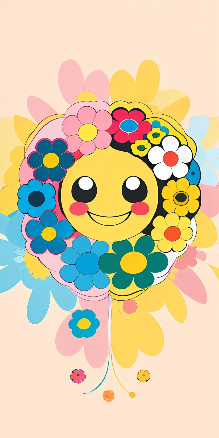 Close-up of cartoon flowers with smiley faces, inspired by Kagaku Murakami, smiles and colors, inspired by Takashi Murakami, Inspired by Murakami, Floral Pop Art, flowey, flowerpunk, takashi murakami art style, digital art emoji collection, Portrait happy color, happy color, takashi murakami artwork