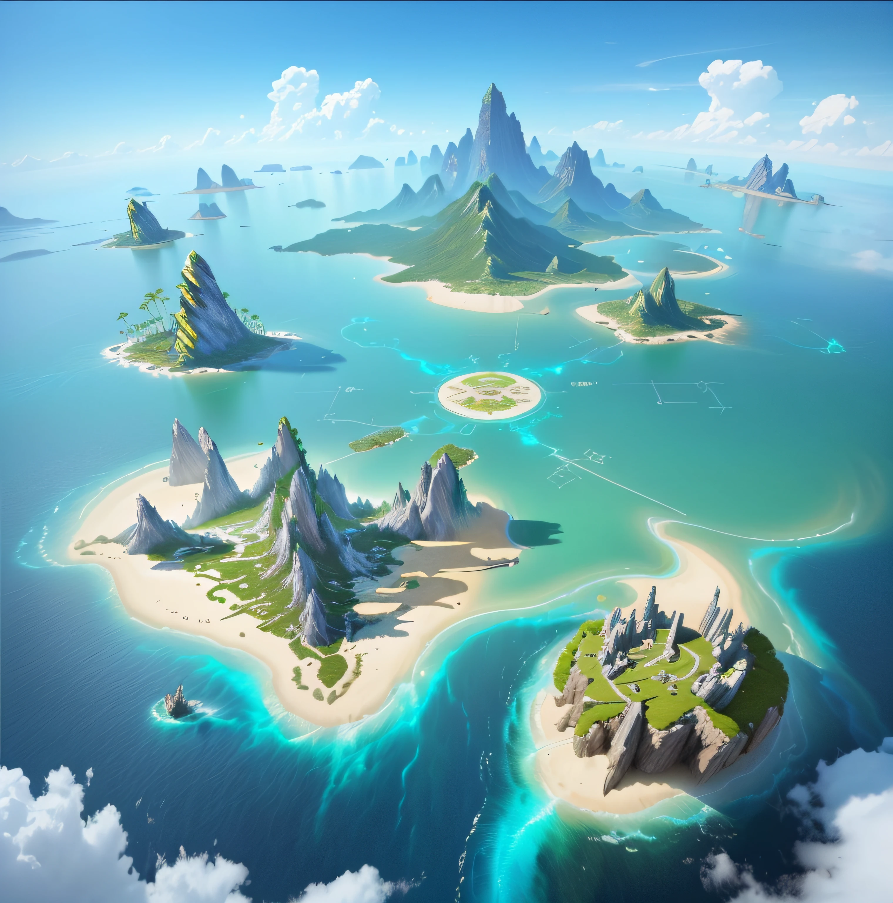 Image of the island,NOhumans,palmeiras,Staggered rocks,Magical shape,China-style,Huashan,Island background, fantasy world concept, epic matte painting of an island, isometric 3d fantasy island, game key art, Unreal Engine fantasy art, concept world art, flying islands, final fantasy vll world concept, metaverse concept art, flying islands, game map matte painting, fantasy concept art