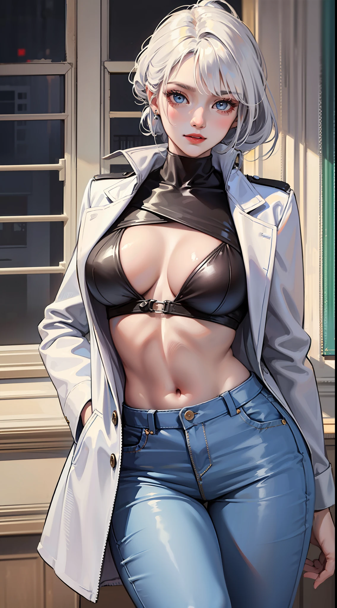 Adult woman, short white hair, high ponytail, blue eye color, White luxury jacket, pants, open breasts, blue lipstick, ssmile, Masterpiece, hiquality
