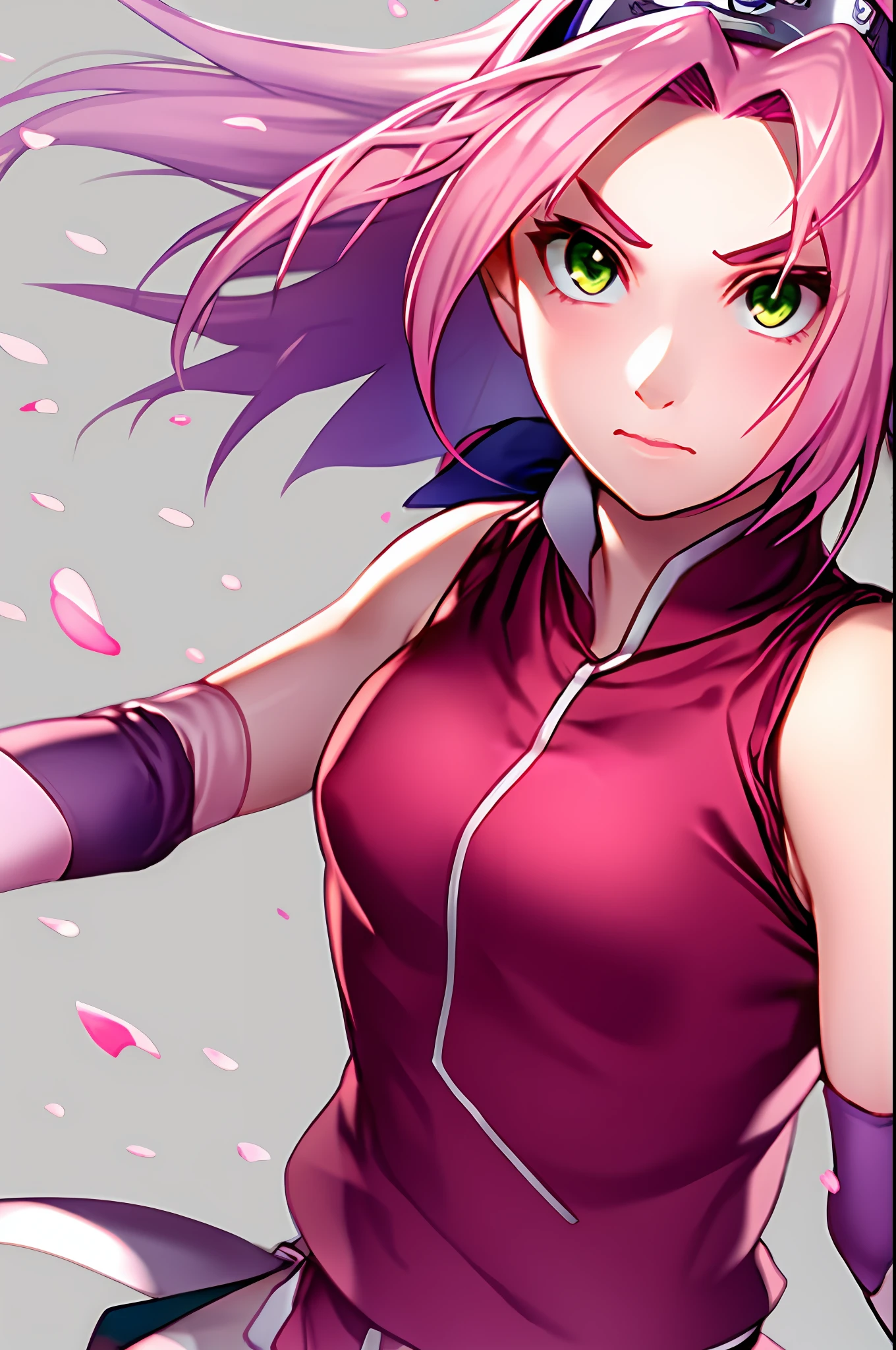 haruno sakura, naruto \(series\), naruto shippuuden, cherry blossoms, detailed background,
1girl, konohagakure symbol, bangs, breasts, closed mouth, elbow sleeve, eyes visible through hair, floating hair, forehead protector, foreshortening, green eyes, hair intakes, hairband, looking at viewer, parted bangs, pink hair, red shirt, shirt, short hair, sleeveless, sleeveless shirt, small breasts, solo, upper body, v-shaped eyebrows, white background, wind, portrait,
, ((masterpiece))