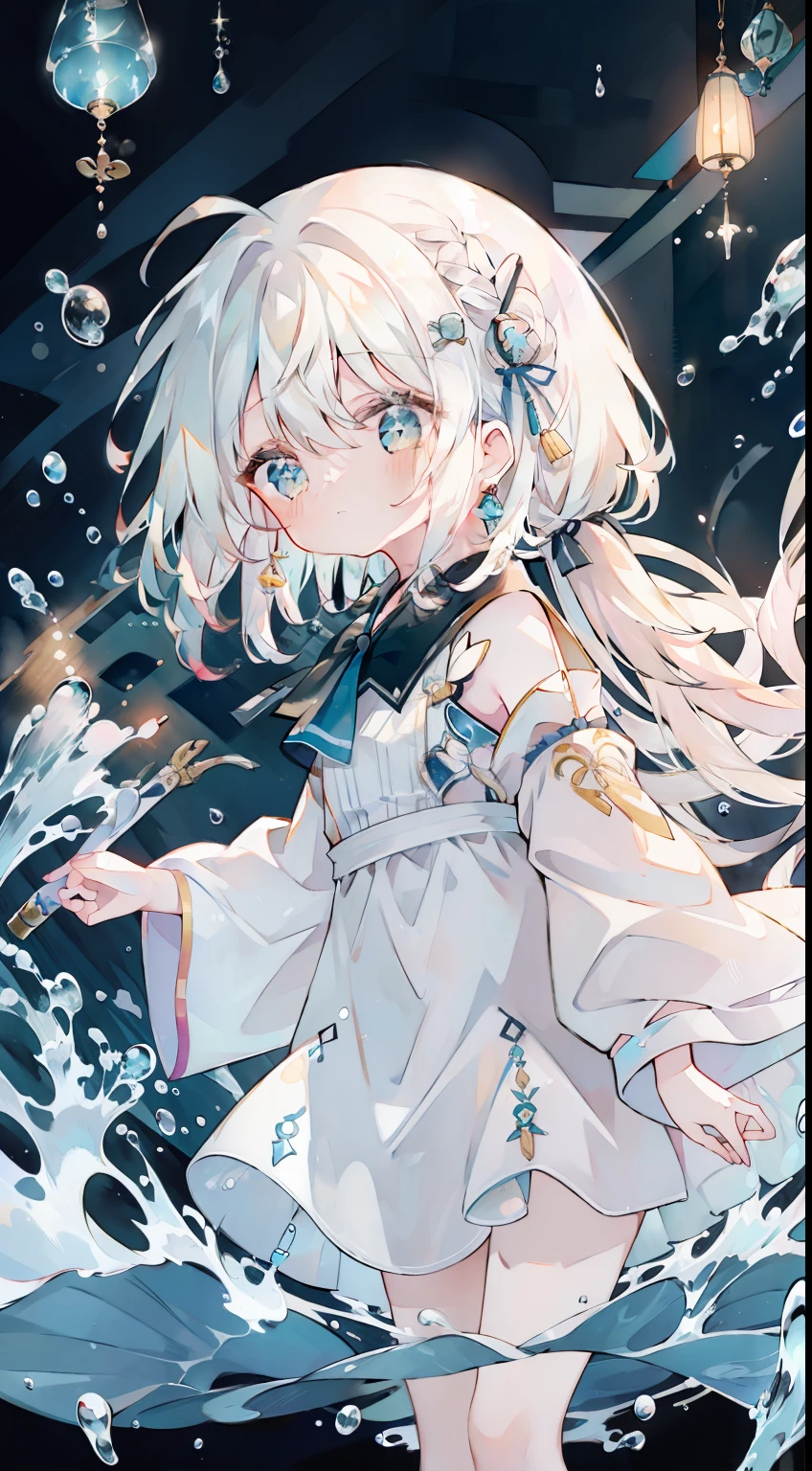 One girl、white hair、Very long hair、In the water、under the water、cute little、masterpiece、Top image quality、top-quality、Eau、air bubble、Onepiece