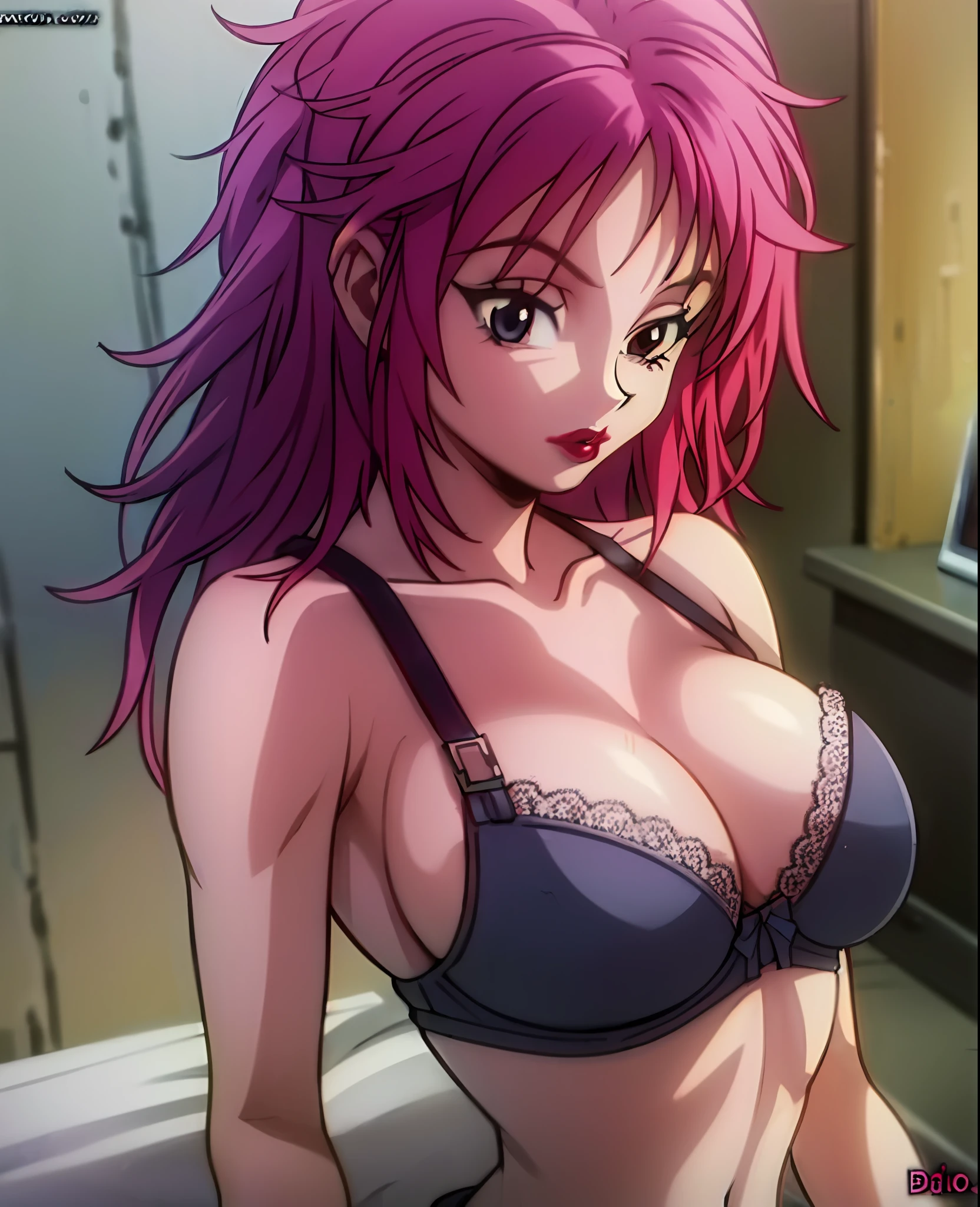 (Masterpiece:1.4), (4k wallpaper:1.4), (Best quality:1.4), (High resolution:1.4), HxHmachi, 1fille, seulement, cheveux roses, (lipstick:1.4), (Queue),(bra:1.4), sur un lit