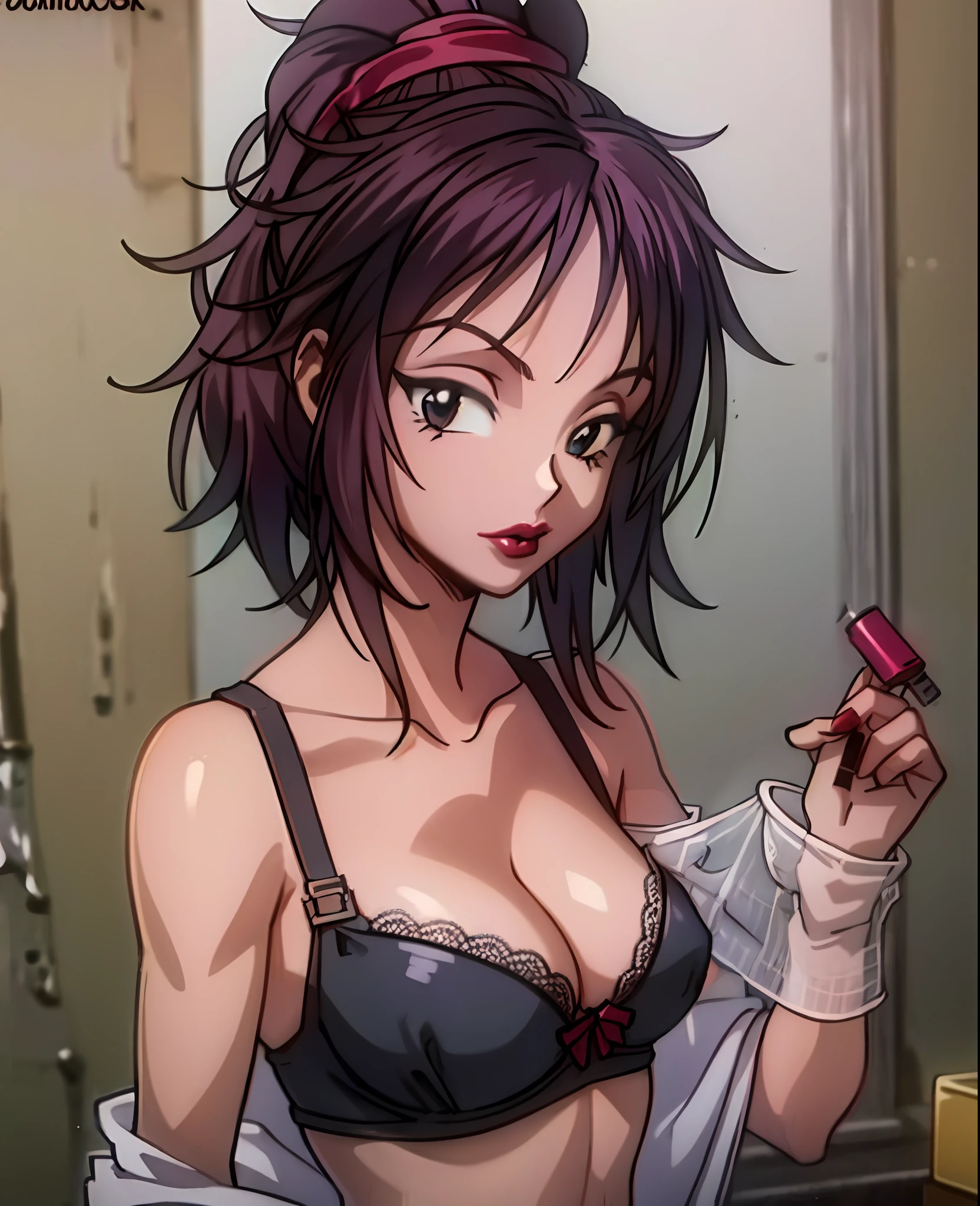 (Masterpiece:1.4), (4k wallpaper:1.4), (Best quality:1.4), (High resolution:1.4), HxHmachi, 1fille, seulement, cheveux roses, (lipstick:1.4), (Queue),(bra:1.4), sur un lit