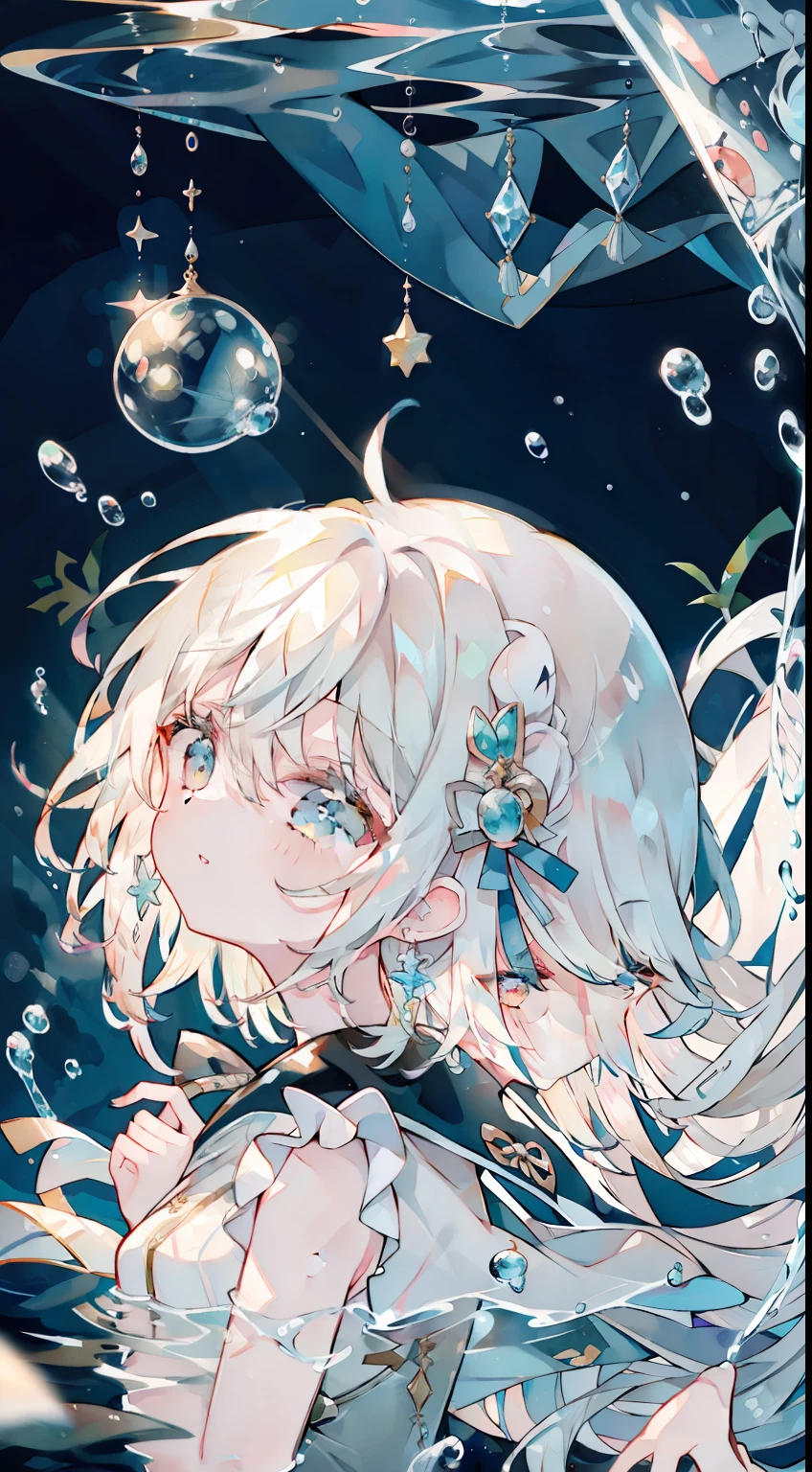 One girl、white hair、Very long hair、In the water、under the water、cute little、masterpiece、Top image quality、top-quality、Eau、air bubble、Onepiece