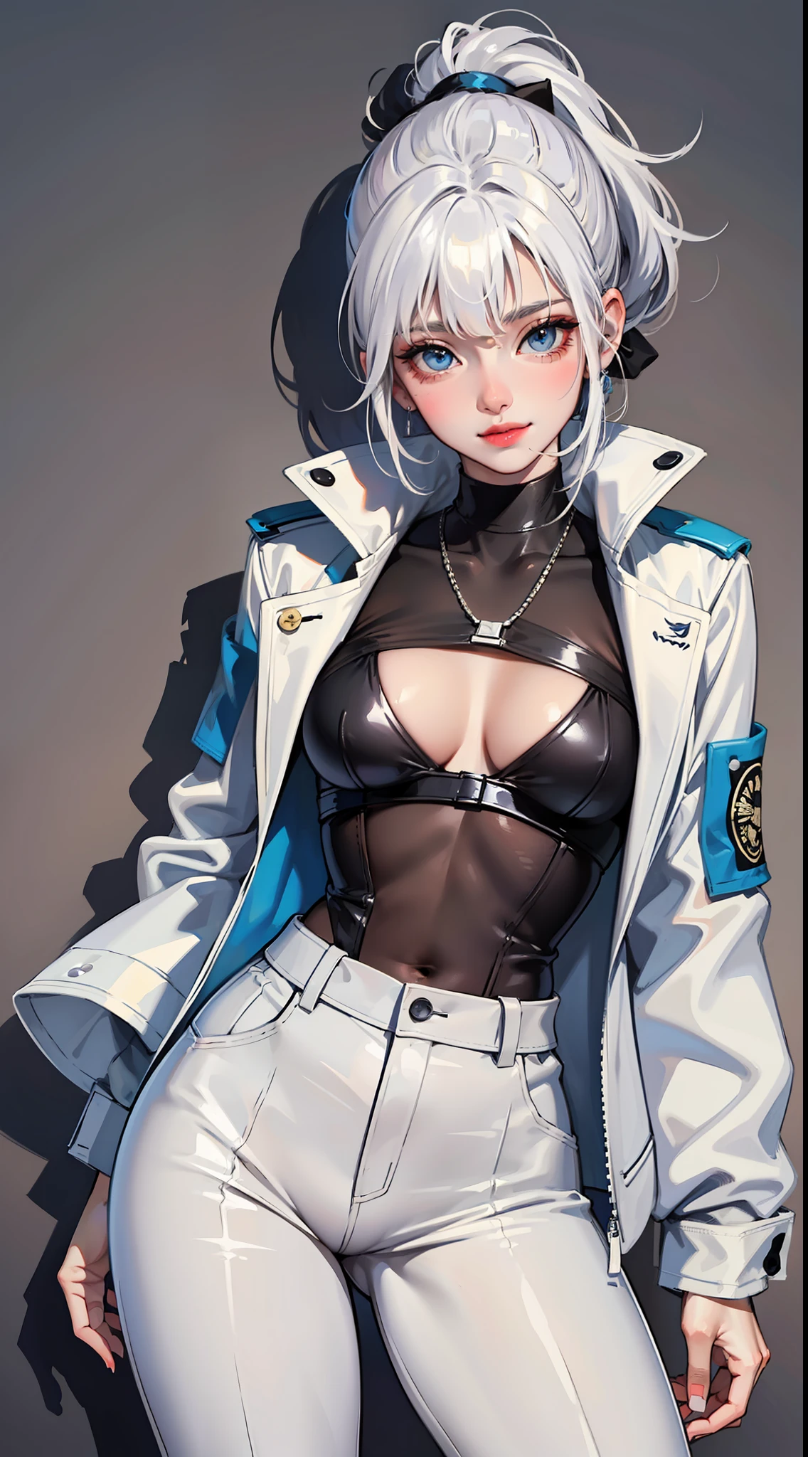 Adult woman, short white hair, high ponytail, blue eye color, White luxury jacket, pants, open breasts, blue lipstick, ssmile, Masterpiece, hiquality