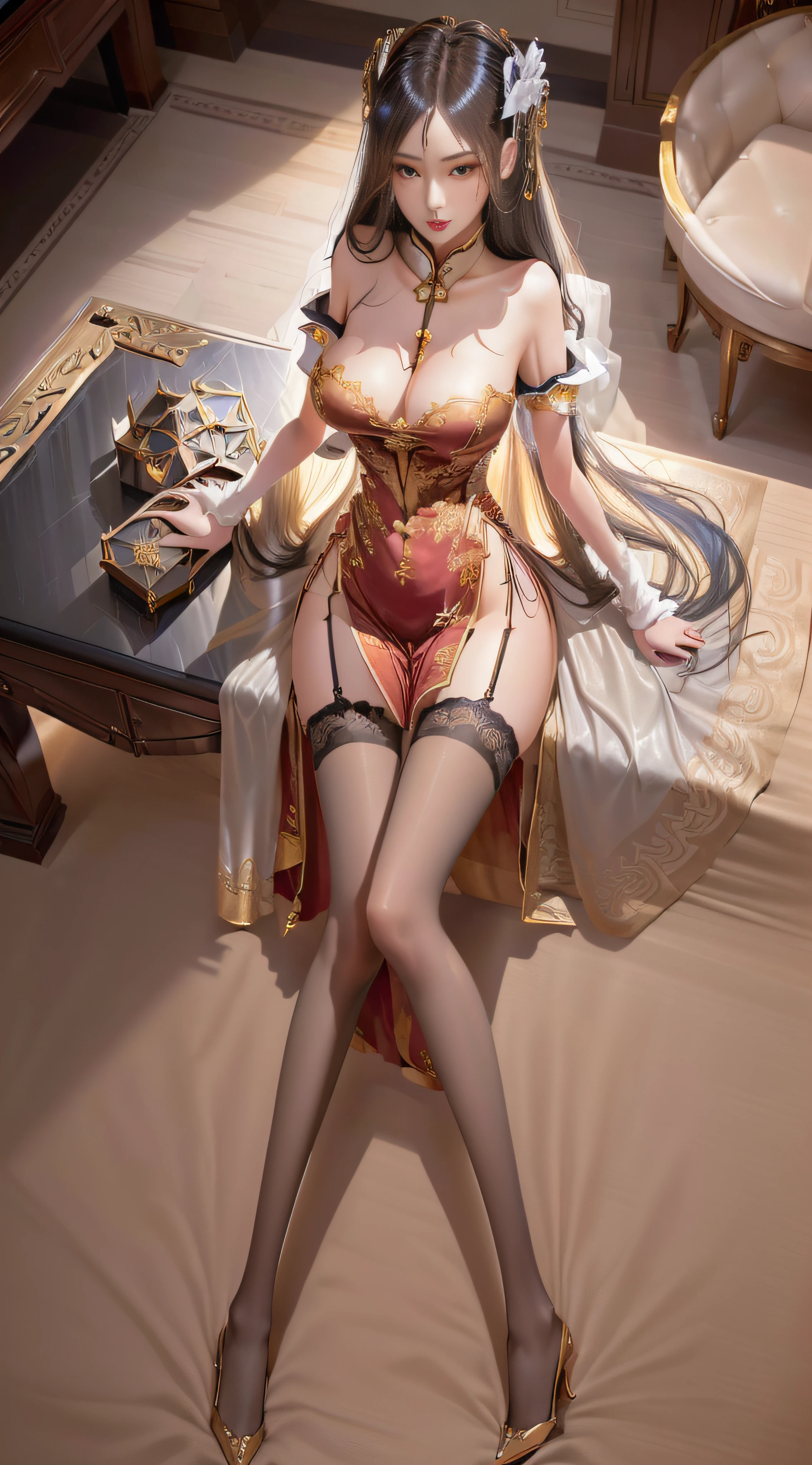 Ridiculous resolution,A high resolution,(tmasterpiece:1.4),ultra - detailed,1 stunning girl,180cm tall,Breasts are medium in size,Slender and slender long legs,The chest is full of legs,Wide buttocks,onbed,from the above,the space,afloat,Red Chinese dress,red dress,show legs,black lence stockings,Silvery hair,Golden eyes,Hand out of the box