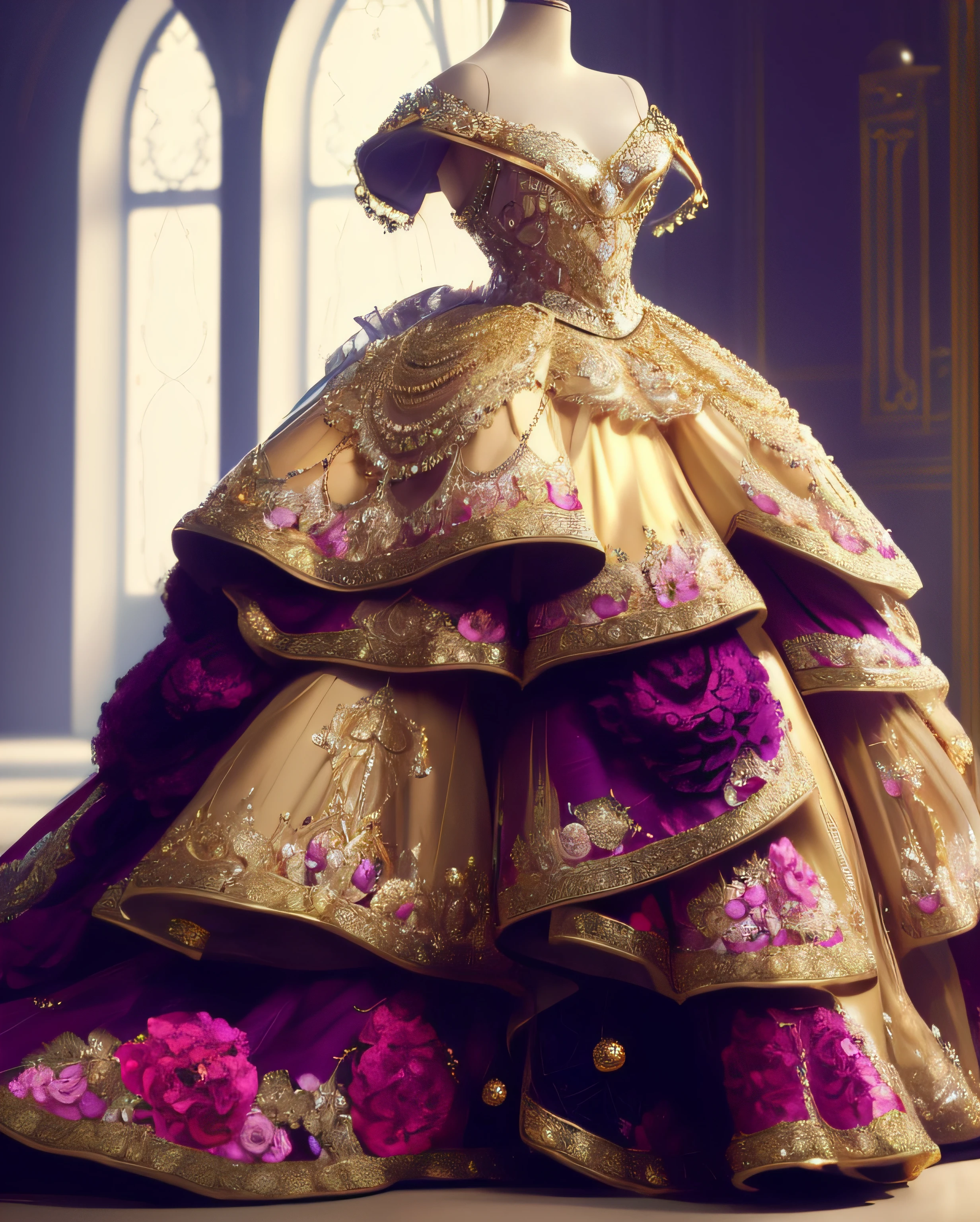 a hyper realistic photograph of a girl standing wearing a majestic light beige and gold ball gown dress, big beautiful dress, intricate puffy ball gown with lots of ruffles and rhinestones (Best quality, masterpiece, ArtStation, Fantasy Art:1.2), a palace room, a beautiful cute girl, (long white hair:1.1), (intricate short gold skirt, bare legs:1.2, full body shot)