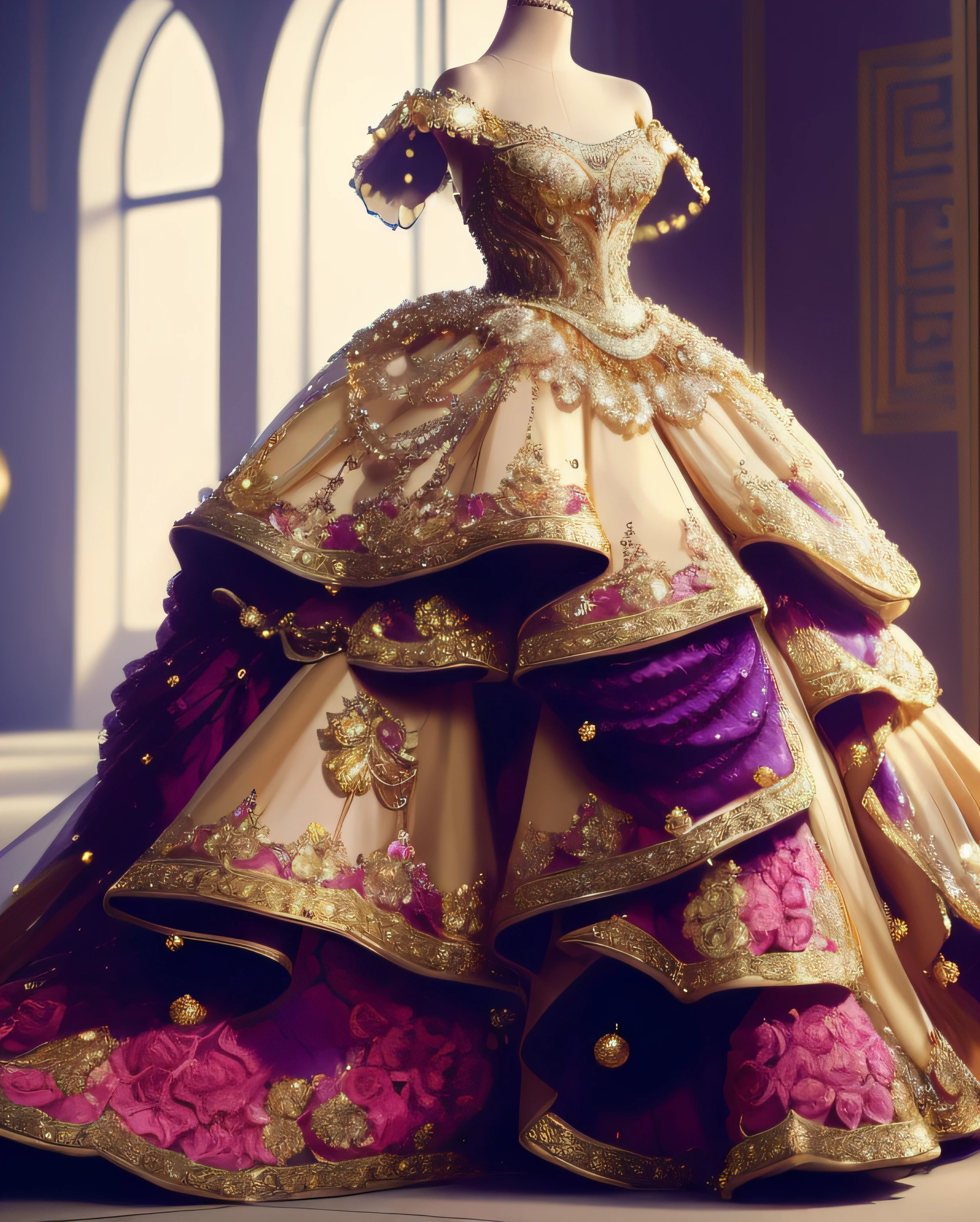 a hyper realistic photograph of a girl standing wearing a majestic light beige and gold ball gown dress, big beautiful dress, intricate puffy ball gown with lots of ruffles and rhinestones (Best quality, masterpiece, ArtStation, Fantasy Art:1.2), a palace room, a beautiful cute girl, (long white hair:1.1), (intricate short gold skirt, bare legs:1.2, full body shot)