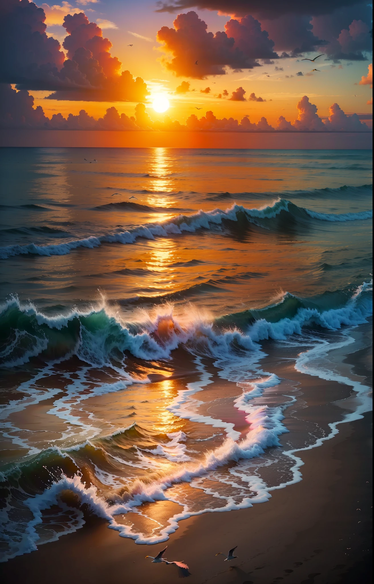 An absolutely mesmerizing sunset on the beach, with a mix of orange, pink, and yellow in the sky. The water is crystal clear, gently kisses the coast, and the white sand is endless. The scene is dynamic and breathtaking, with seagulls soaring high in the sky and palm trees swaying softly. Immerse yourself in the calm atmosphere and let the serenity surround you.