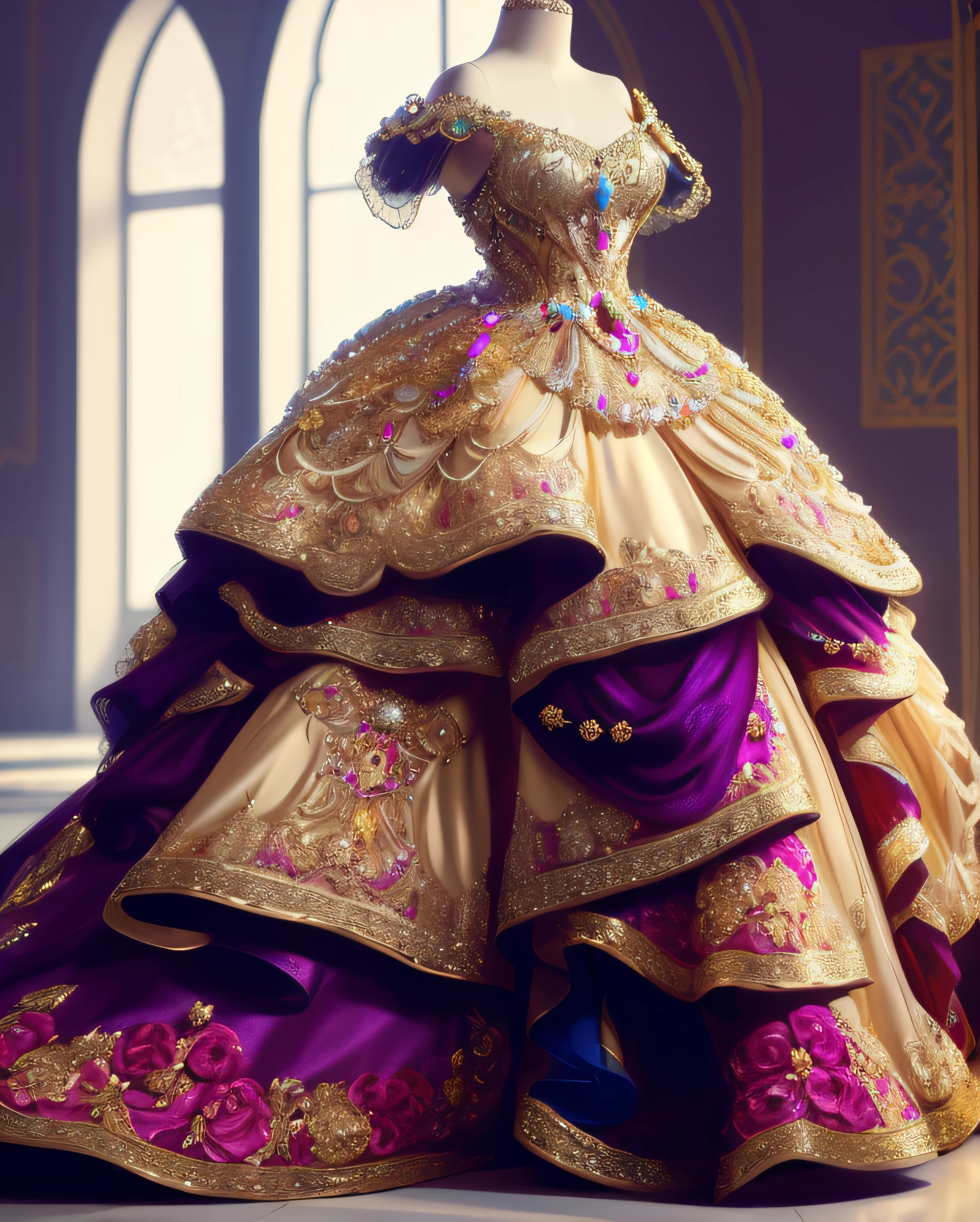 a hyper realistic photograph of a girl standing wearing a majestic light beige and gold ball gown dress, big beautiful dress, intricate puffy ball gown with lots of ruffles and rhinestones (Best quality, masterpiece, ArtStation, Fantasy Art:1.2), a palace room, a beautiful cute girl, (long white hair:1.1), (intricate short gold skirt, bare legs:1.2, full body shot)