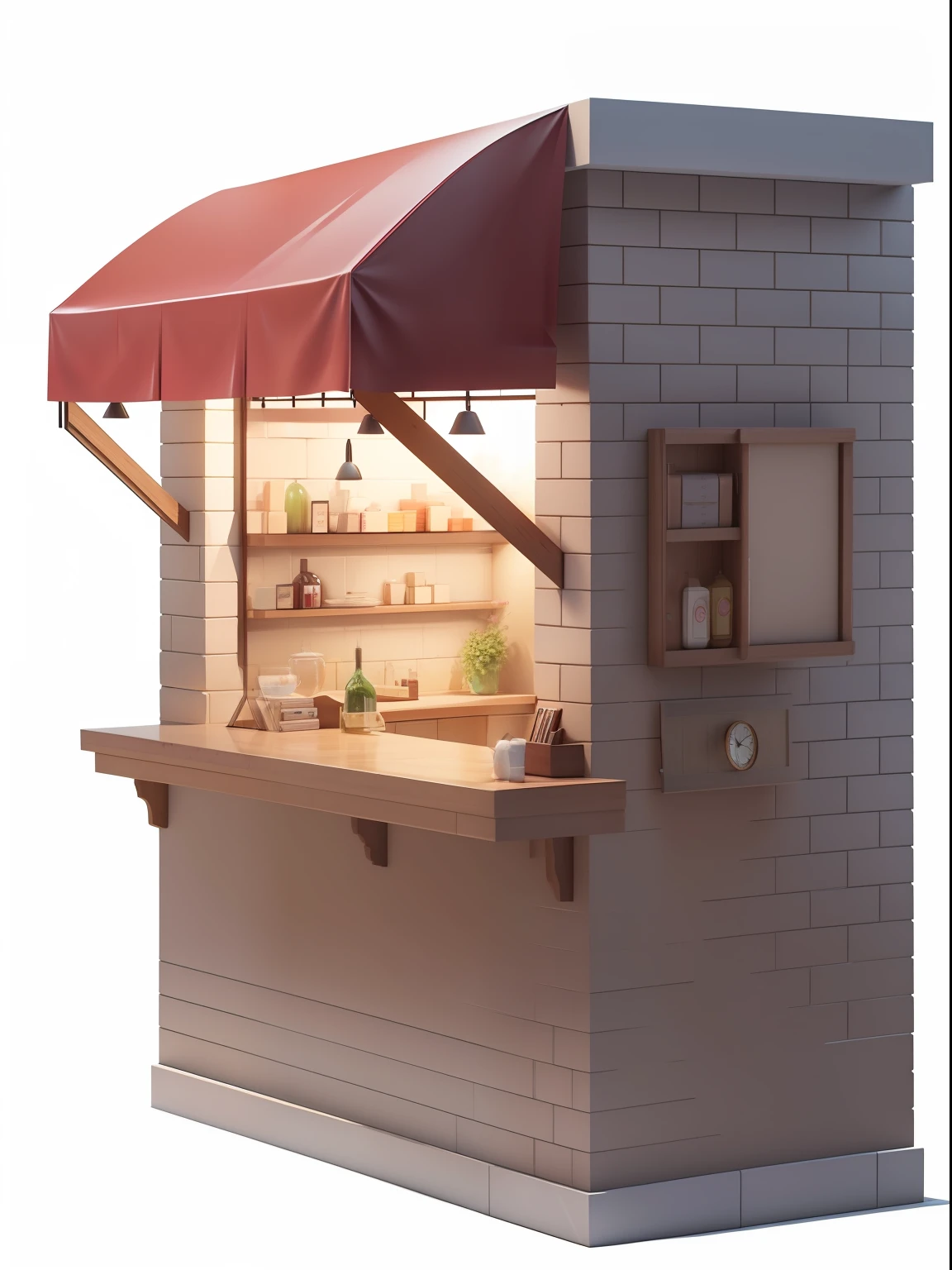 There was a lovely little counter,It has a red awning on it, Stone brick walls, highly rendered, shelf, 3 d render even lit, arte renderizada, rendered lighting, rendered in 3 dsmax, pre-rendered, 3 d rendered, a 3D render, fully rendered light to shadow, rendered image, colored market stand, well lit 3 d render, high detailed store,