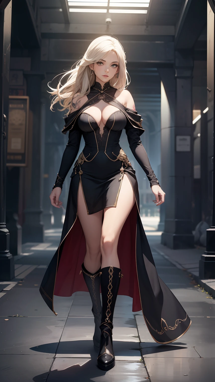 (Canon EOS 5D Mark IV:1.2), (obra-prima: 1.2), (melhor qualidade: 1.2), (altamente detalhado: 1.3), (detalhe intrincado), (capturing every exquisite detail:1.2), alta resolução, best illustration, perfect  lighting, floresta, monstros guerreiros, brisa do vento, corpo inteiro, (((full body))), Green Iris, olhos perfeitos, rosto perfeito, mulher com a boca fechada, olhos detalhados, fundo detalhado, fotorrealista, (foco nítido: 1.2),(colorful tattoo on her arm:1.1), ((looking-into-camera: 1.2)), solo, 1 garota, Mature female on a battlefield, femea glamurosa na batalha, anatomia humana perfeita, femea com o corpo magro e forte, pernas perfeitas, perfect arms, ((realistic hands: 1.3)) cabelo platinado absurdamente longo, braid in hair, roupas femininas, armadura , armadura, saia de couro, liga leve, luvas, decote chamativo, looking , linhas corporais sensuais, humanlike hands, corpo feminino atraente, (armadura  e elegante: 1.2), bota feminina, Green Iris, olhando para o espectador, perfect  lighting, fantasia detalhada, Epic Realism