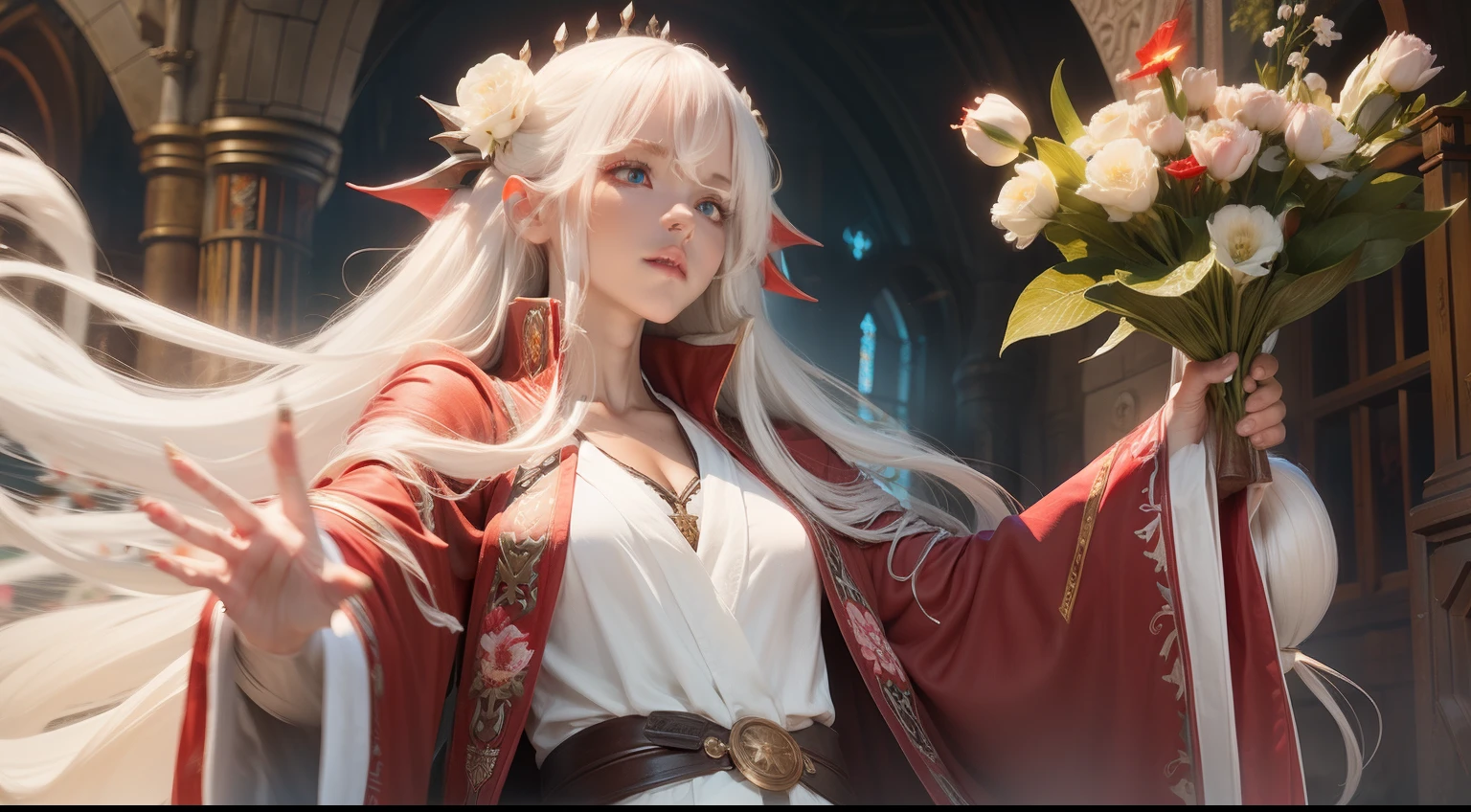 Teenage uncensored, wizard, Robes, Magic Array, Long white hair, Red eyes, Flowers