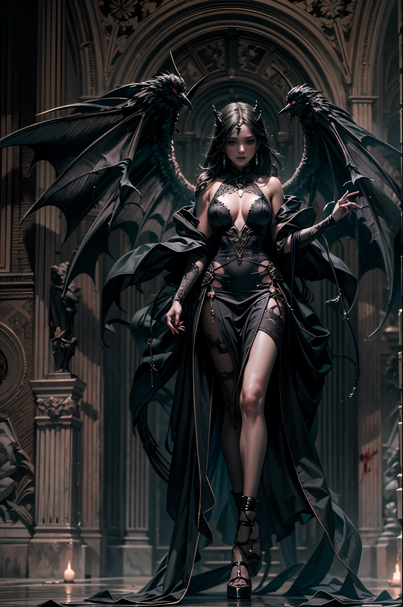 The image portrays a dark and mesmerizing scene, where a tall, seductive, and mature figure stands as the central focus. The illustration, created with the utmost care and attention to detail, captures the essence of a hauntingly beautiful vampire. Rendered in an astounding 8k resolution, every intricate detail comes to life, immersing the viewer in a world of dark enchantment.
BREAK
The figure's body exudes an alluring seductiveness, emphasized by the realistic and ultra-detailed rendering. The lighting and shadows, meticulously crafted, enhance the depth and realism of the image, bringing out the subtle nuances of the character's form. The high-resolution depiction captures the essence of a vampire's essence, with a touch of the supernatural and a hint of danger.
BREAK
The character's bat wings unfurl majestically, evoking a sense of mystery and power, while bats gracefully fly around, adding to the magical ambiance. In the night setting, dark magical auras envelop the figure, their ethereal glow highlighting the supernatural nature of the character.
The dark theme is further amplified by the presence of a blood moon and a red sky, creating an atmosphere of foreboding. The image is set against the backdrop of a gothic-style castle, adding an additional layer of darkness and mystery.
BREAK
To accentuate the vampire's allure, the image depicts shining red eyes, emanating a seductive and captivating gaze. A single blood drop adorns the character's body and eyes, symbolizing their connection to the essence of life. Blood splashes on the ground, further emphasizing the character's power and the danger they embody.
BREAK
The captivating face of the character is beautifully rendered, featuring the Tyndall effect and high-detailed skin, adding a touch of realism to the image. The messy hair contorted in an alluring manner, adds to the character's captivating presence