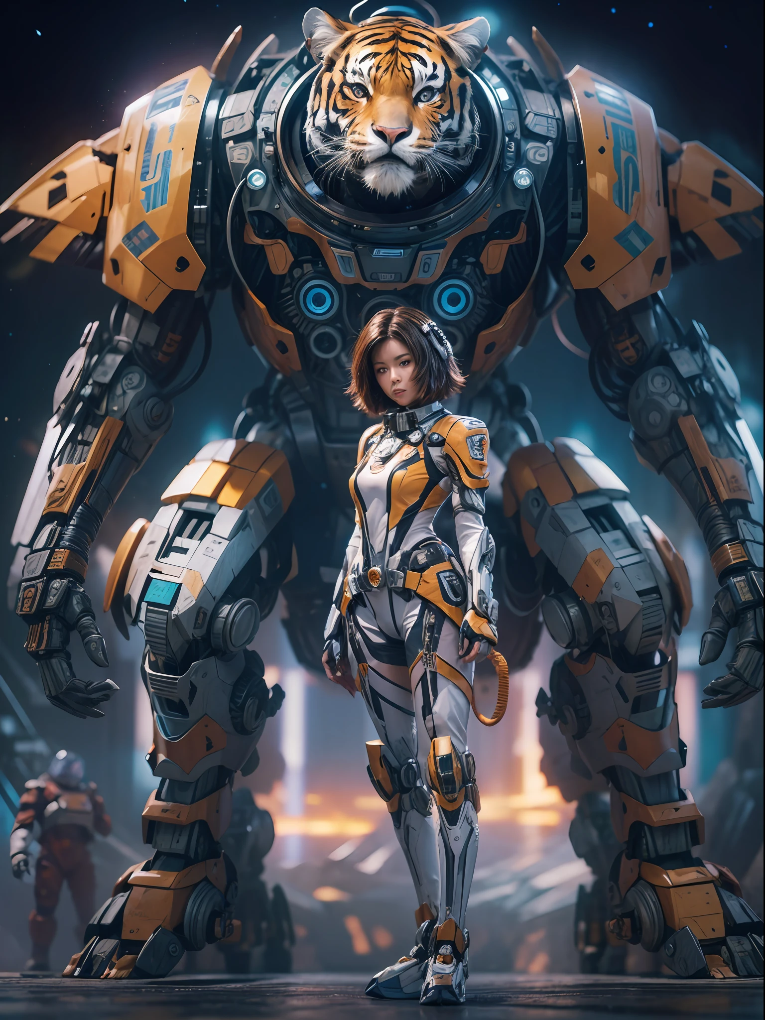 (space art),(anthropomorphism),(Full Body Shot), solo, 1 Tiger mecha warrior, wearing a mecha, standing on your feet,(extremely colorful, Best quality, high detailed, Masterpiece, Cinematic Lighting, 4K, Chiaroscuro)